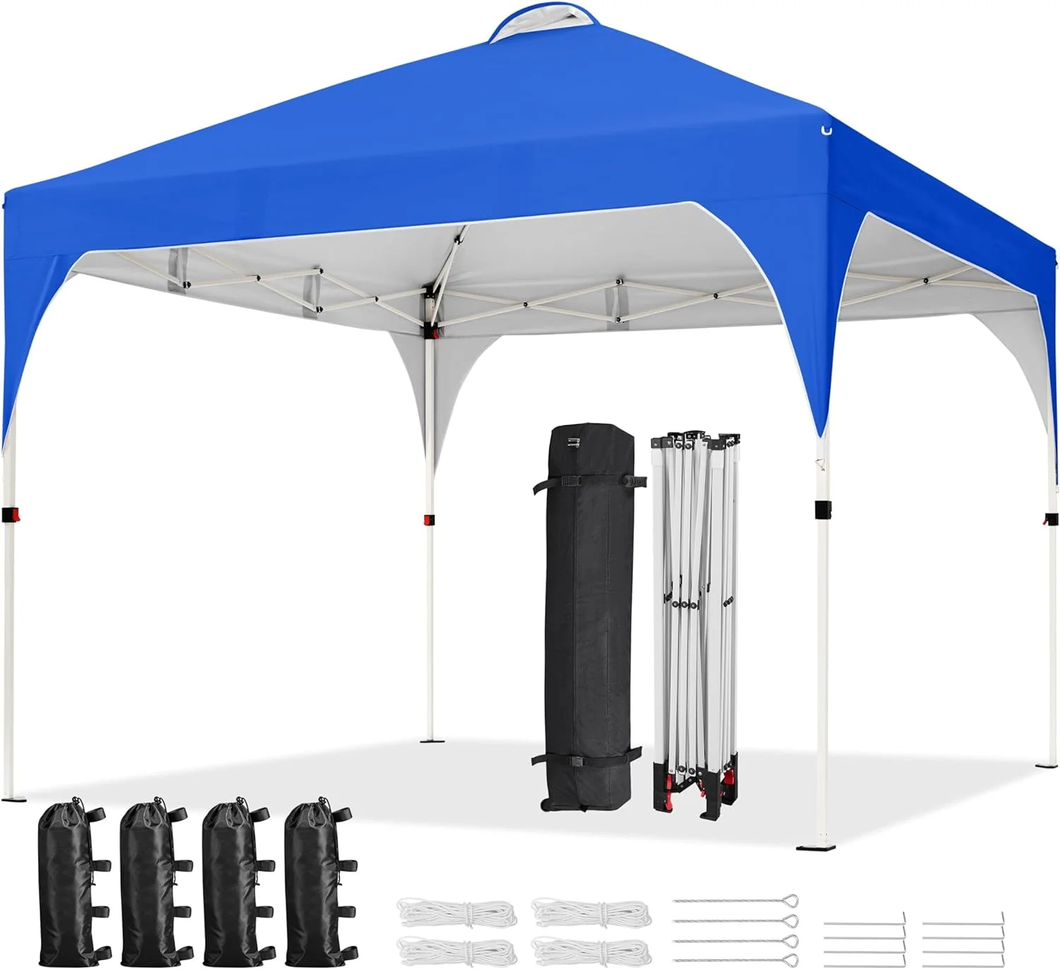 10x10 Pop Up Canopy Tent with Vent, Easy Set Up Tent, Instant Sun Shelter Canopy with Wheeled Bag, 4 Sandbags, 12 Stakes & 4 Ropes, for Parties, Beach, Outdoor, Blue