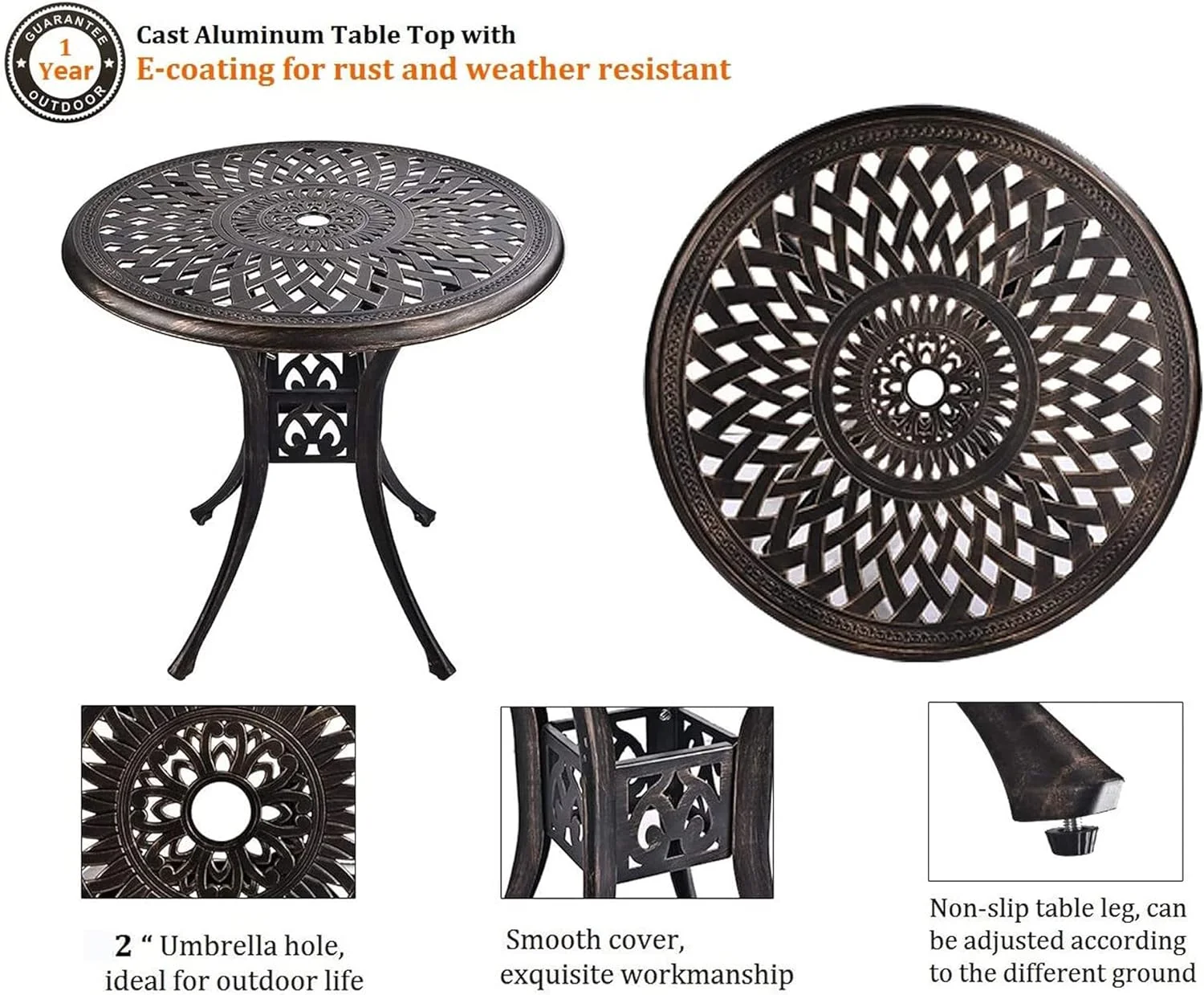 Haverchair 3 Piece Bistro Set Outdoor Cast Aluminum Patio Dining Set Table and Chairs Outside Bistro Furniture 2 Chairs with Khaki Cushions and 1 Umbrella Table for Lawn Garden