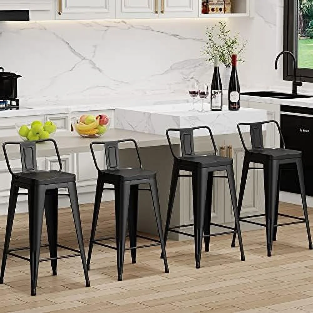 WTYNKAE Metal  Stools Set of 4 Counter Height Stools 26 Inchs Counter Stools with Backs Black  stools with Backs  Height Stools 26" Ergonomic Seat  Low Back  Matte Black