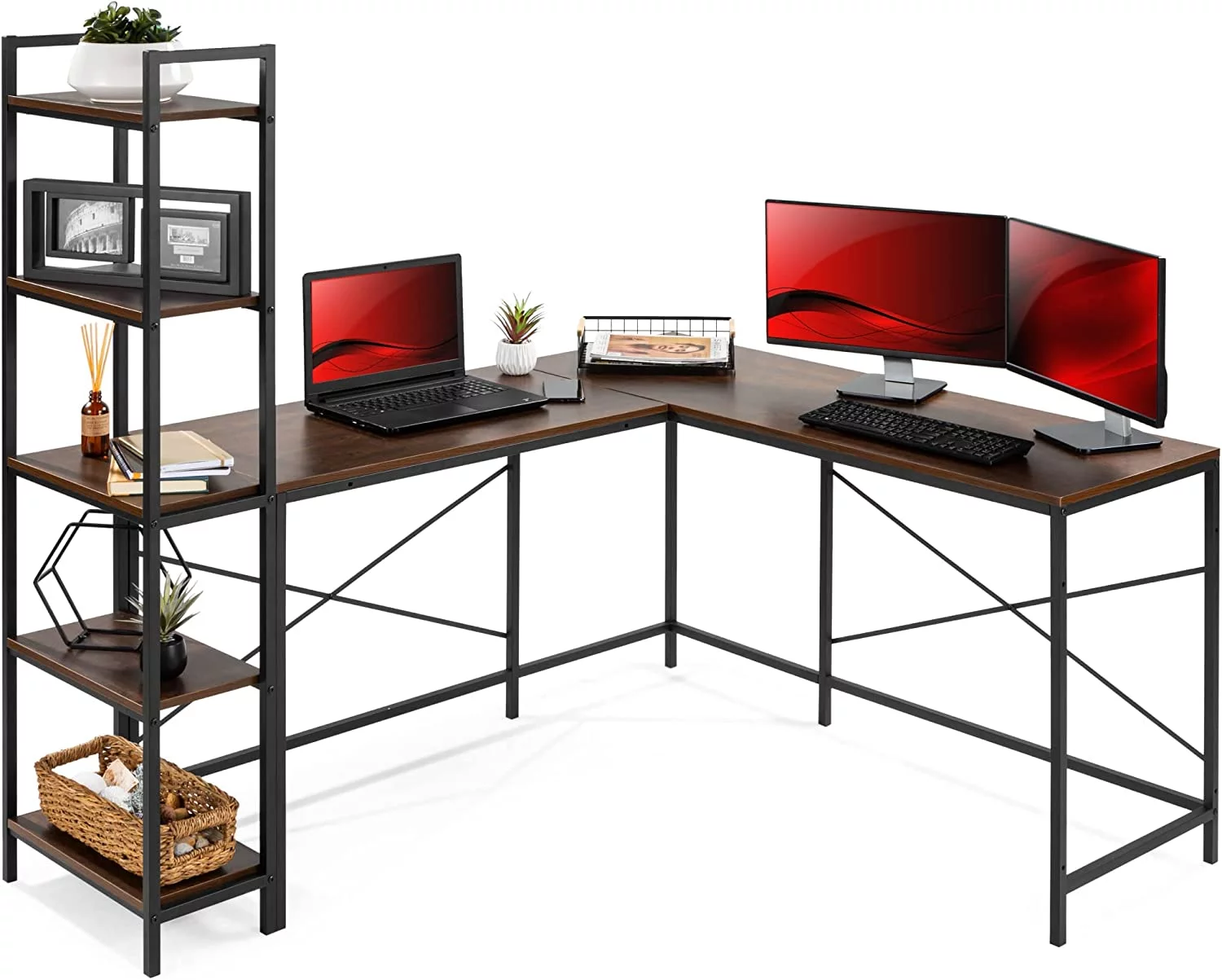 L-Shaped Corner Computer Desk, Large Study Workstation Furniture w/Multifunctional 5-Tier Open Storage Bookshelves, Custom Setup for Home, Office - Brown/Black