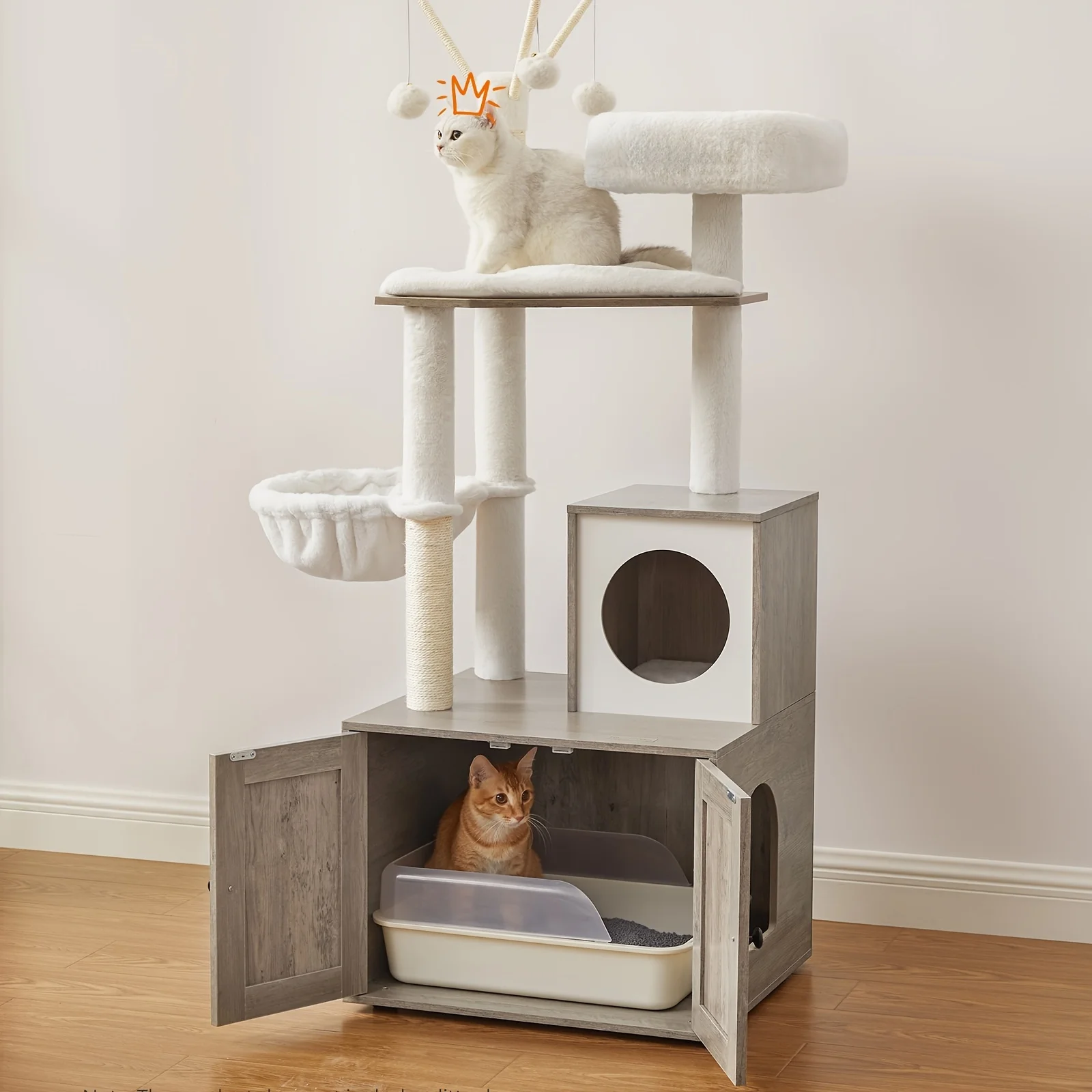 WoodyWonders Cat Tree With Litter Box Furniture Hidden Enclosure, 2-in-1 Modern Tower, Cat Condo With Scratching Posts, Removable Pompom Sticks