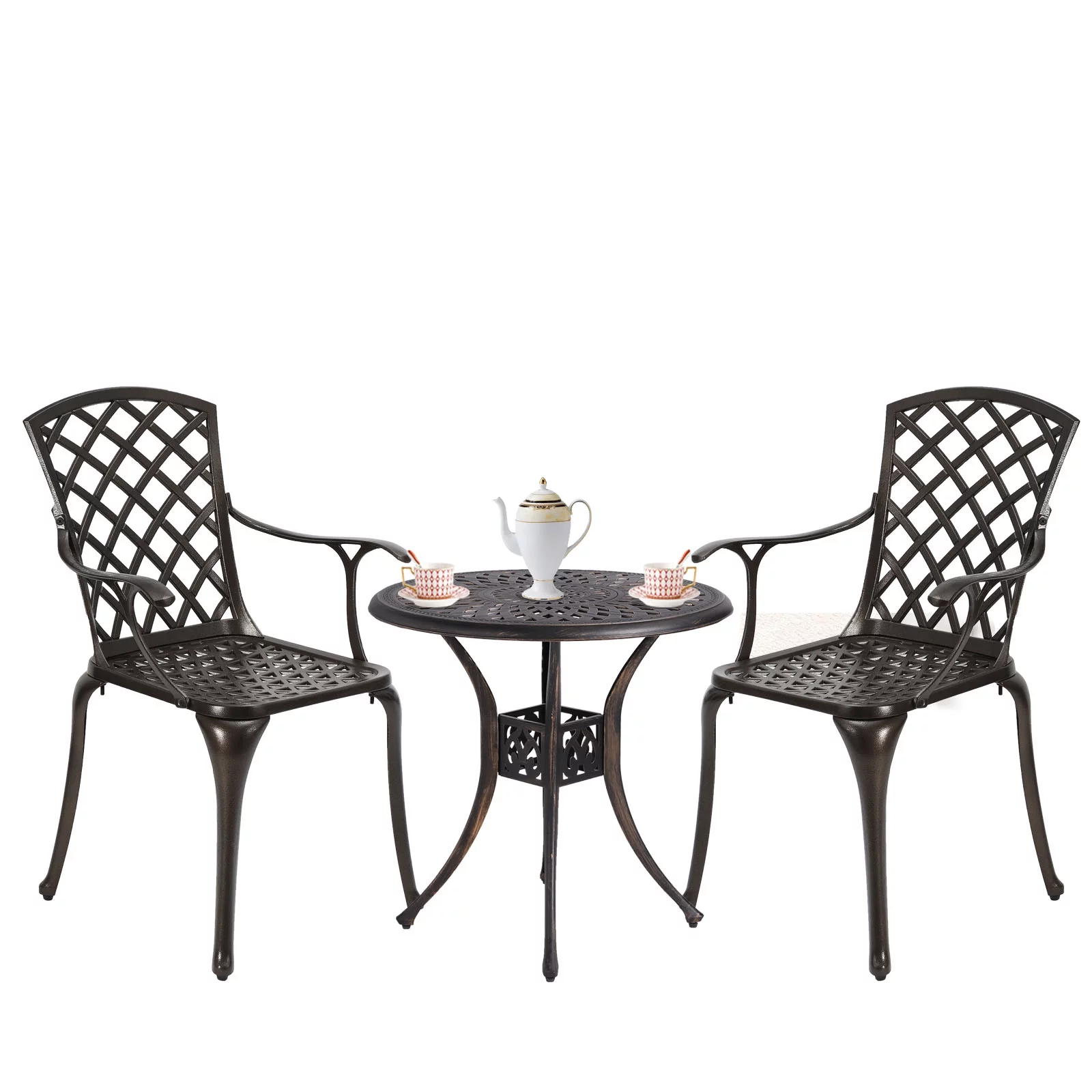 Magic Union 3-Piece Cast Aluminum Vintage Bronze Patio Bistro Furniture Set-2 Lattice Weave Chairs 1 Bistro Table with Umbrella Hole