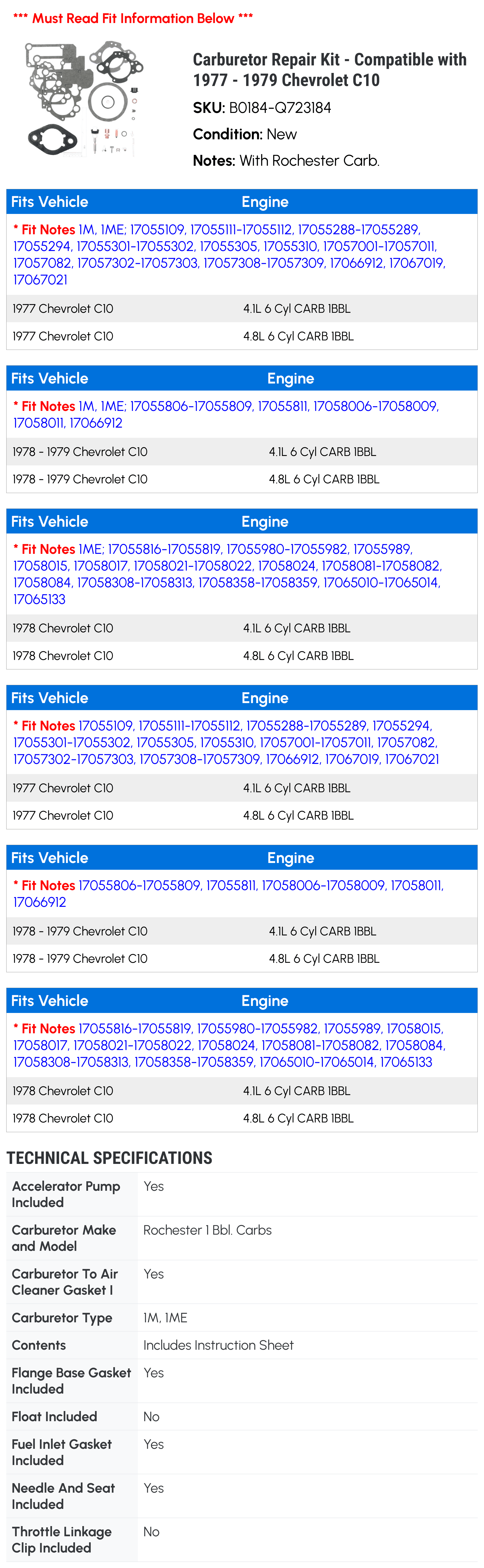 Carburetor Repair Kit - Compatible with 1977 - 1979 Chevy C10 1978