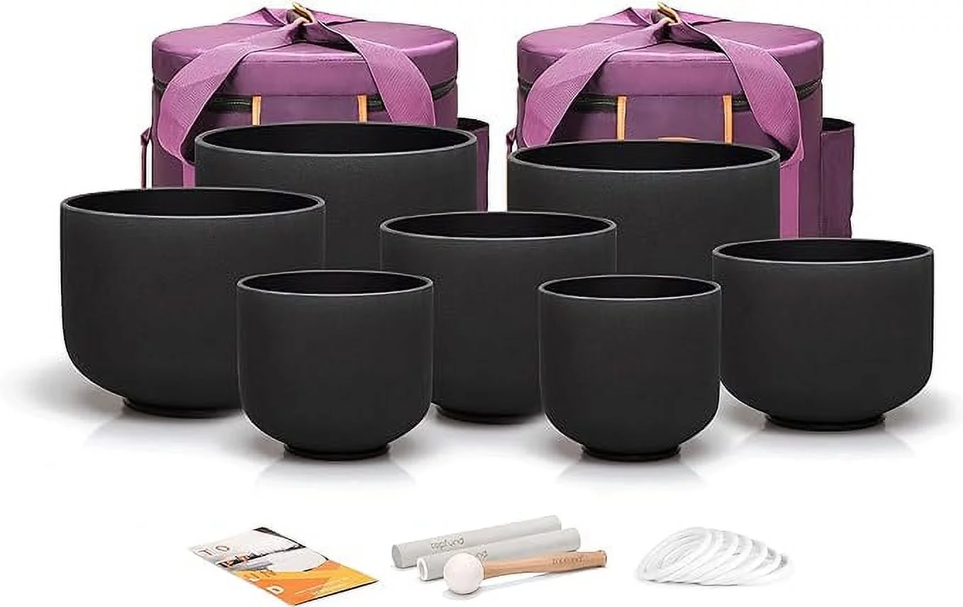 TOPFUND 432Hz Chakra Set of 7 Black Crystal Singing Bowls with Heavy Duty Carrying Cases 7-12 inch Singing Bowl Rubber Mallet and Suede Strikers