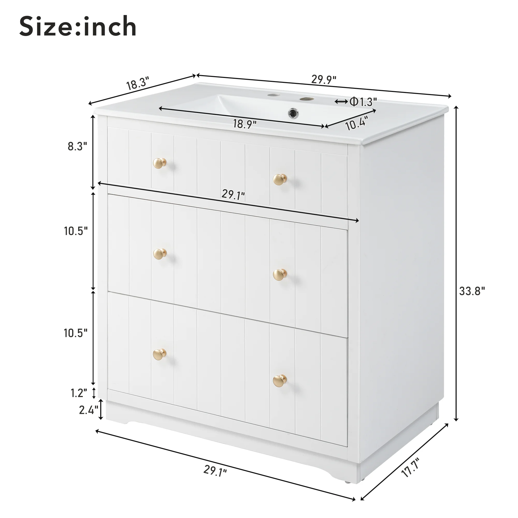 Foorsun 30-Inch Modern White Bathroom Vanity Cabinet with 2 Drawers,Bath Storage Vanity with Top Sink and Golden Round Handles