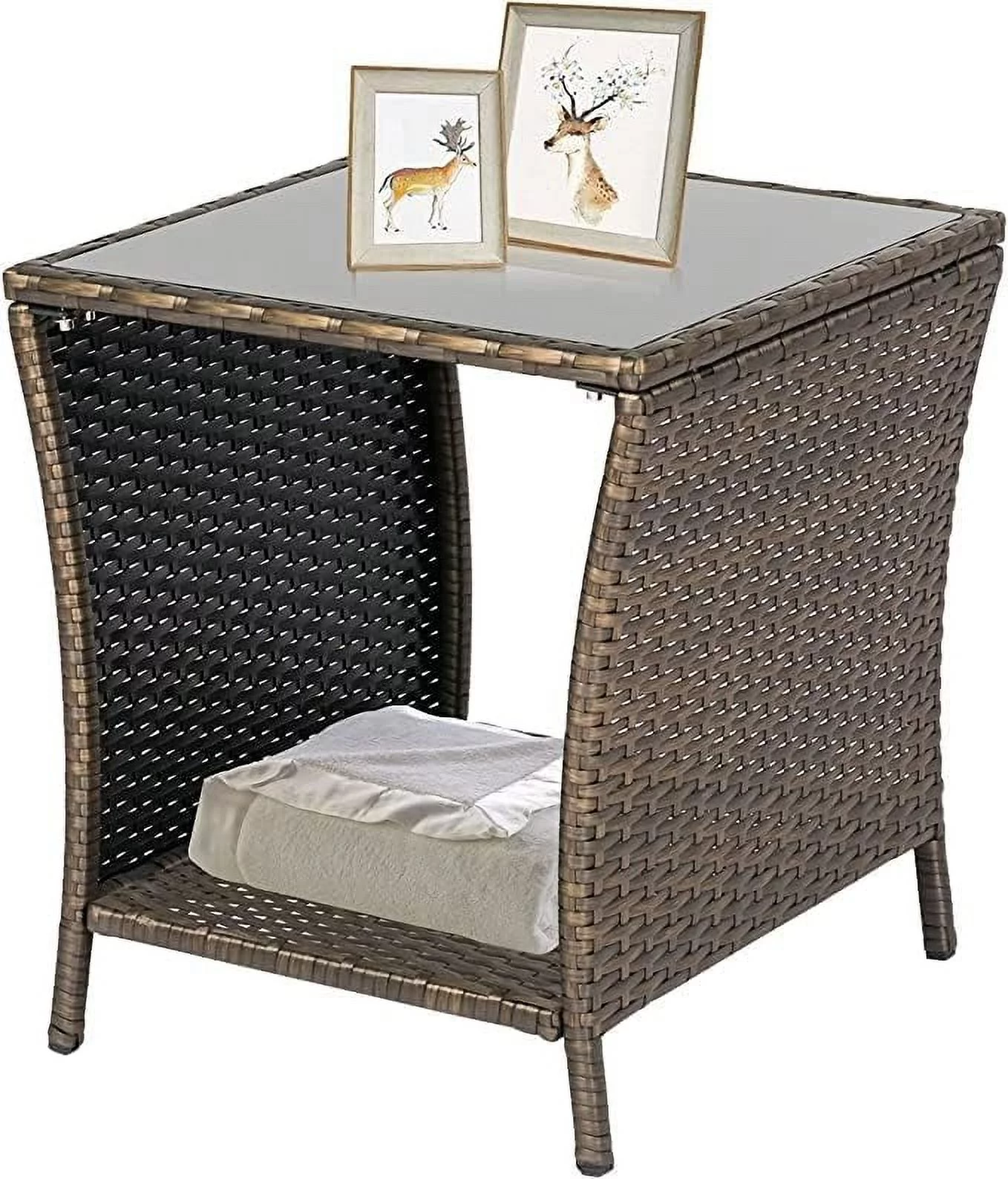 ZWNLKQG Patio Wicker Bistro  Rattan Square Outdoor  Woven Desk Side with Black Glass Top  Dark Blonde