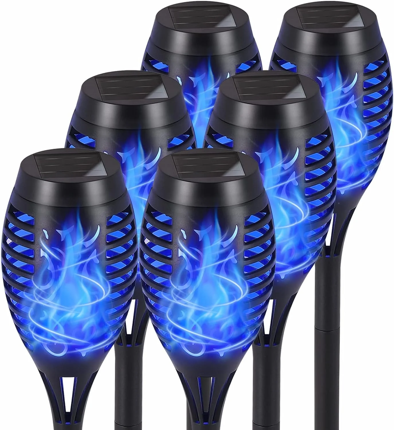 6PCS Flame Solar Lights Blue Flickering Solar Lights 12 LED Solar Tiki Torches Waterproof Landscape Lawn Outdoor Lights for Outside Garden Yard Patio Xmas Decorations