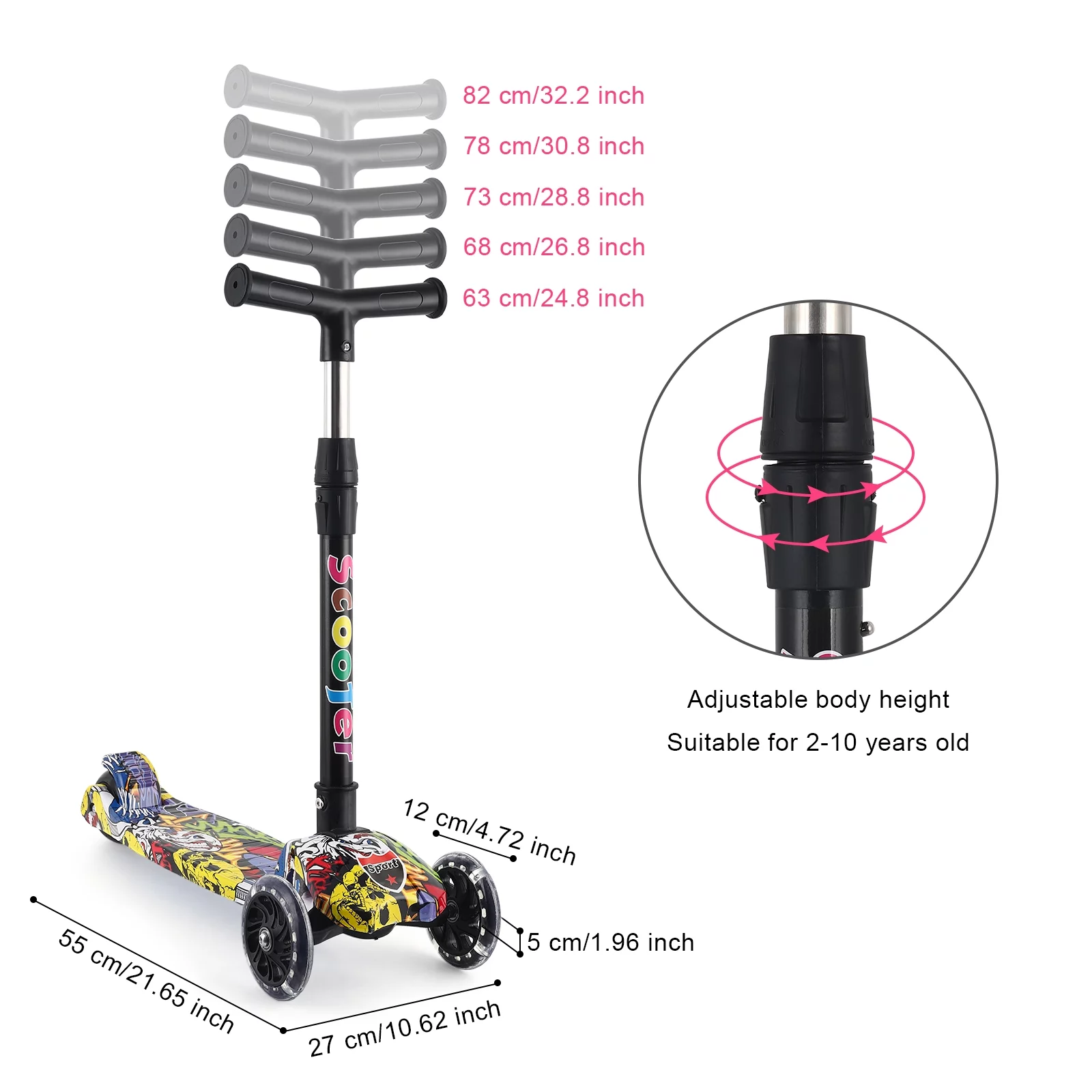 3-Wheel Adjustable Led Pedal Scooter, T-Bar Scooter, Suitable For Young Children,Yellow