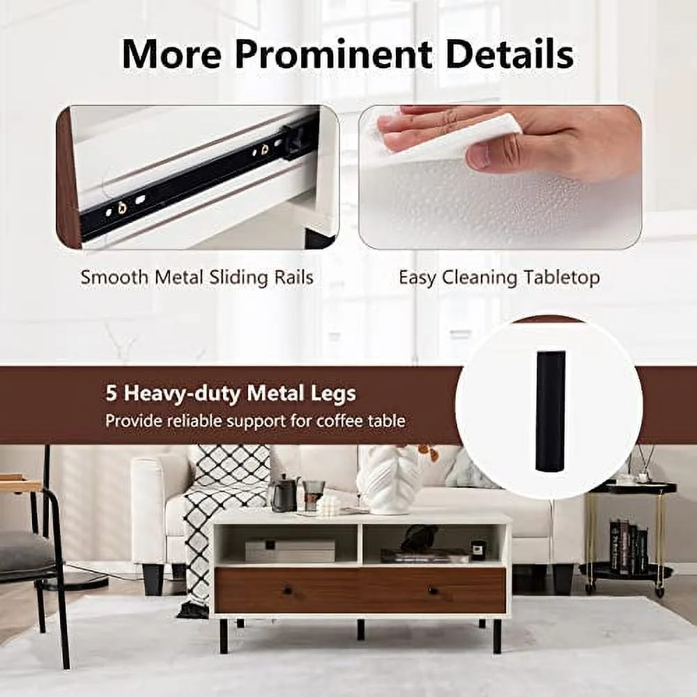 GOFLAME Coffee Table with 2 Drawers & Open Shelves, 2-Tier Center Table with Large Tabletop & 5 Steel Support Legs, Modern Rectangular Cocktail Table, Wooden Accent Living Room Furniture, White