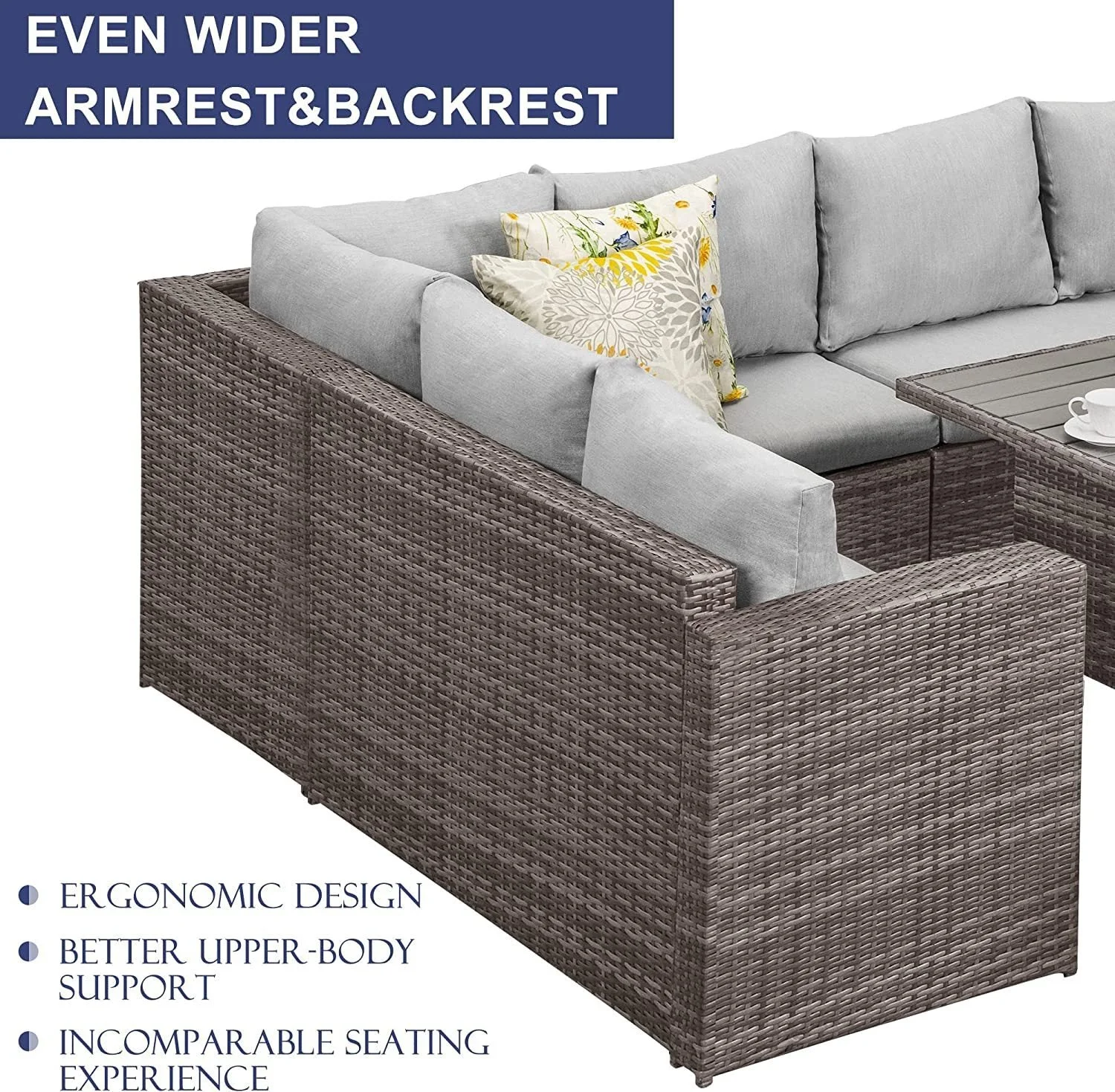 Kyoko 7 Pc PE Rattan Wicker Patio Dining Sectional Cusions Sofa Set - Gray