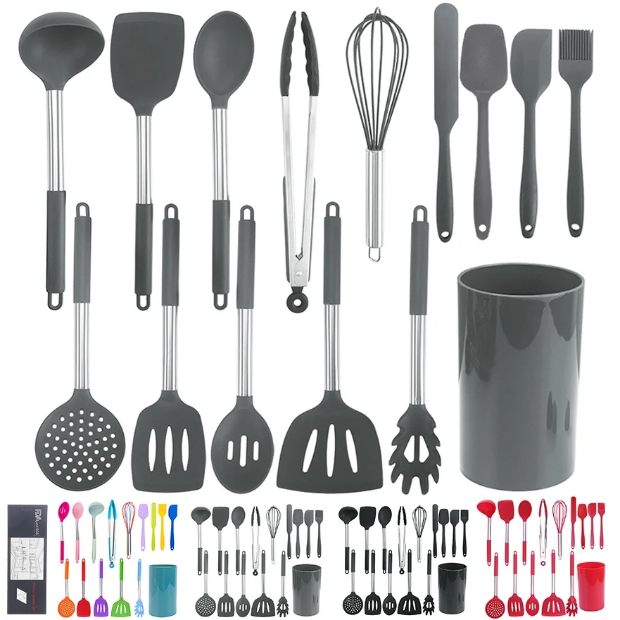 Black Stainless Steel Silicone Handle Kitchen Utensils 15-Piece Set Storage Bucket Kitchen Tools Spatula 14