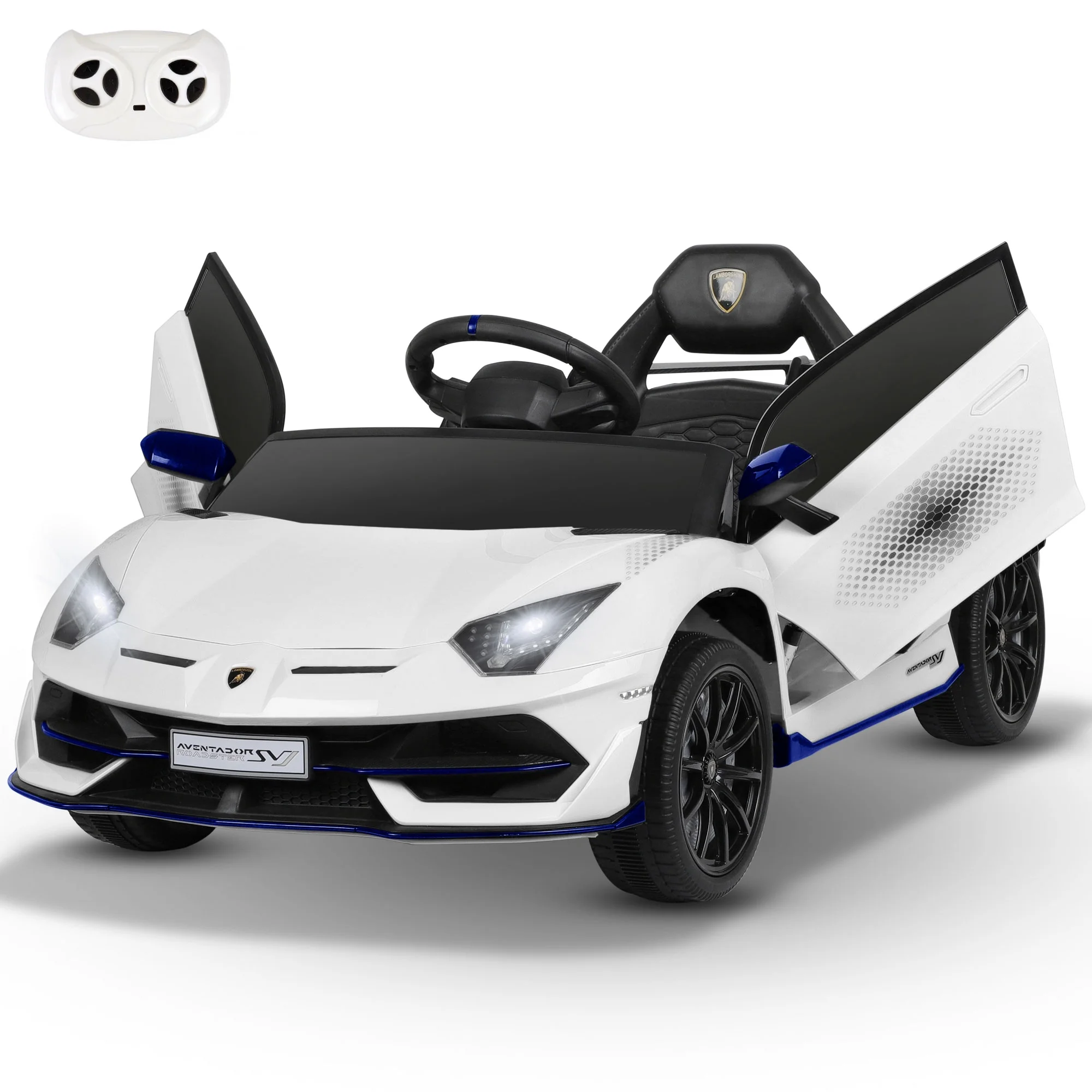 Lamborghini Kids Cars to Drive, 12V Ride on Car with Parent Remote Control, 3 Speeds, Music, Bluetooth, LED Headlights, Hydraulic Doors, Battery Powered Toy White
