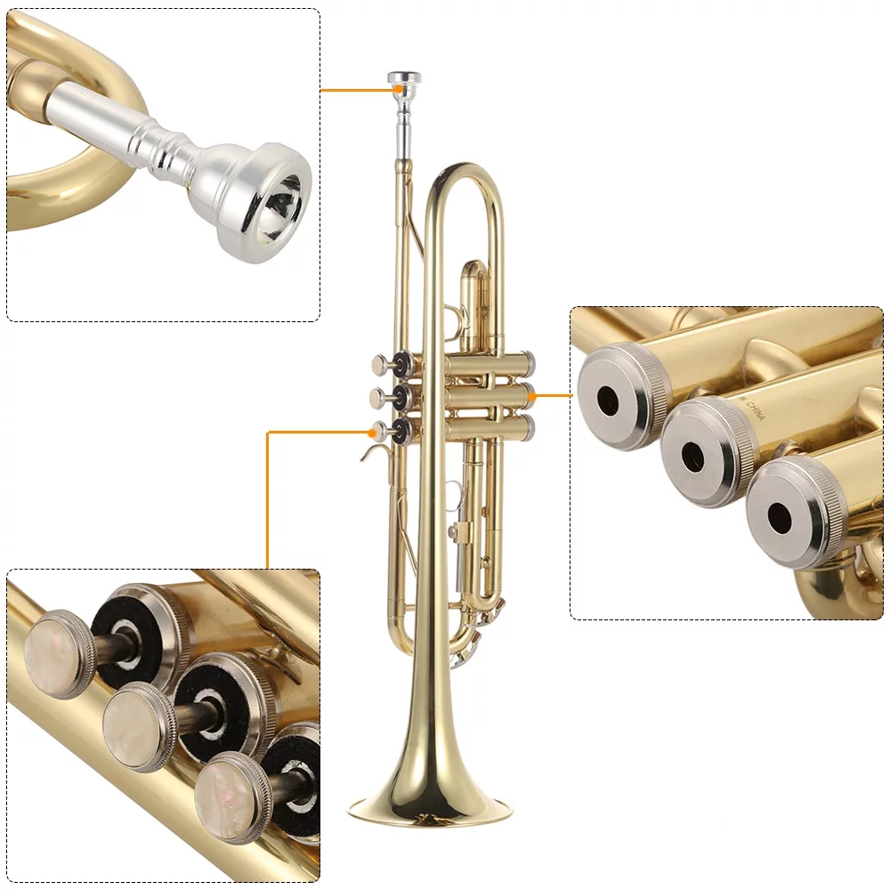 Dcenta Standard Bb Trumpet Flat Brass Gold-painted Exquisite Durable Musical Instrument with Mouthpiece Gloves Strap Case, for Beginner Student