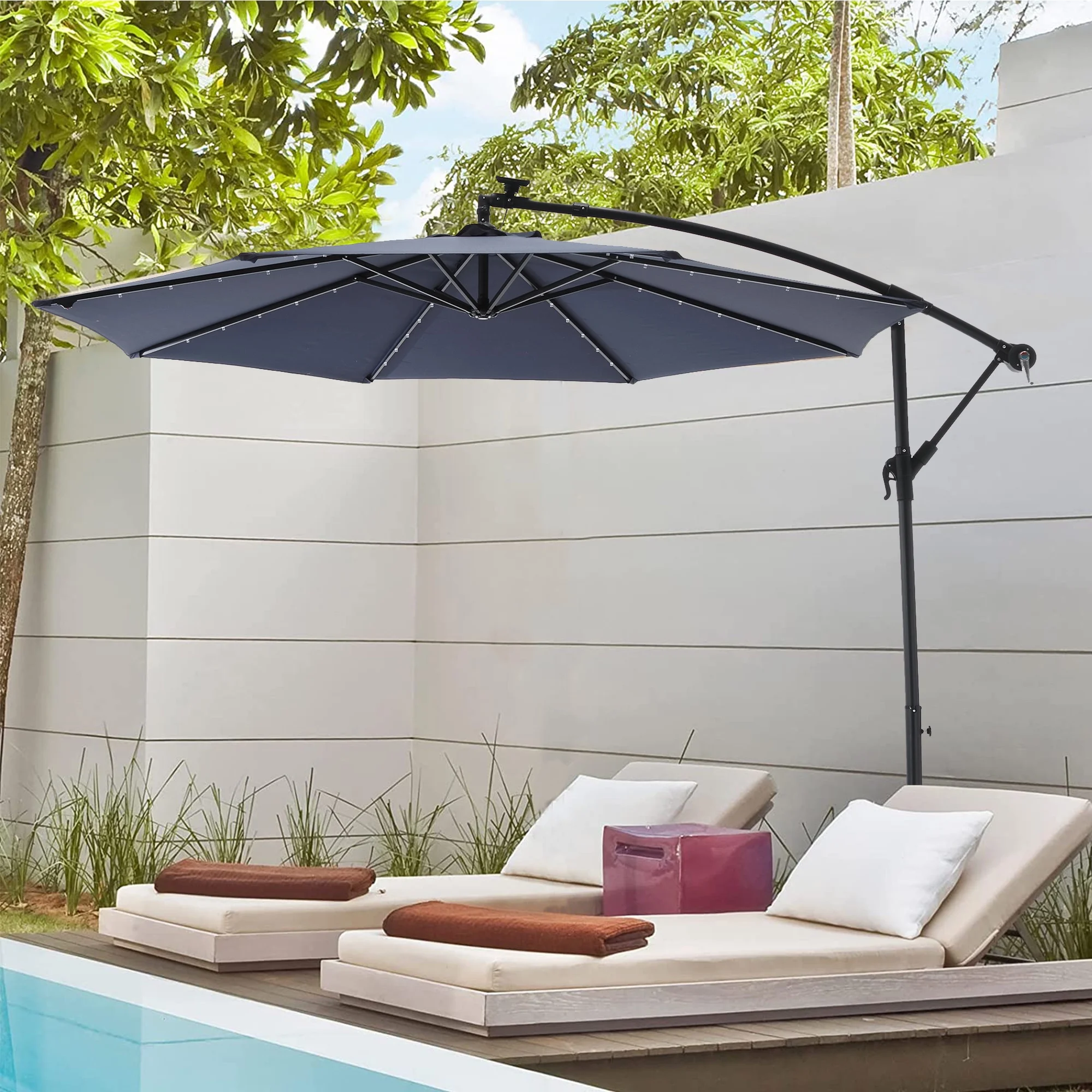 10 FT Patio Beach Outdoor Solar Umbrella, Offset Cantilever Umbrella with 40 Solar LED Lights,Navy