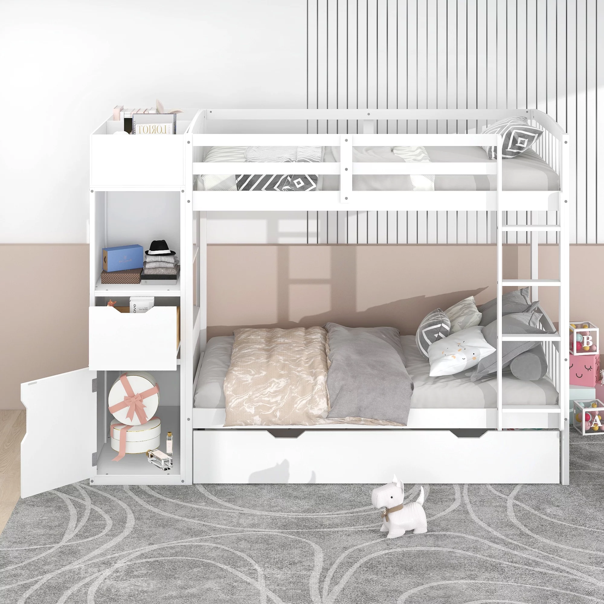 Twin over Twin Bunk Bed with Trundle and Multi-functional Locker, White
