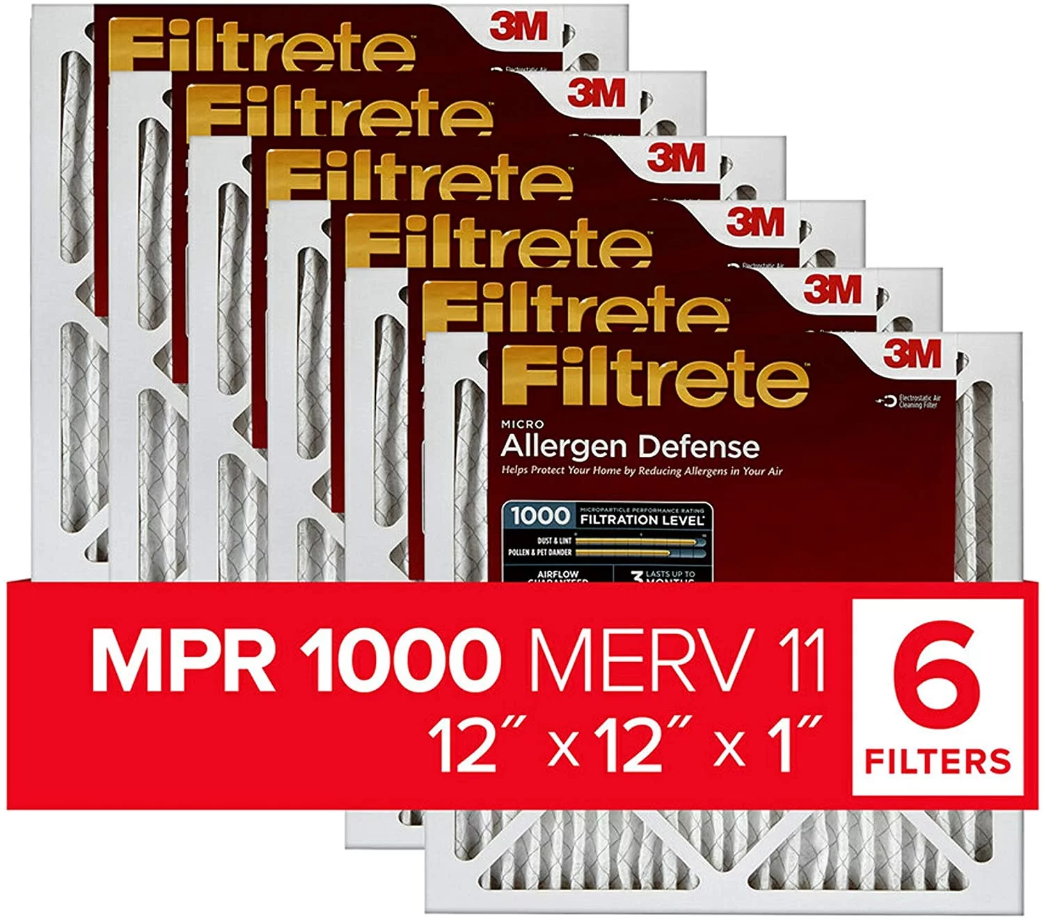 Filtrete Air Filter MPR 1000 MERV 11, Allergen Defense, 6-Pack (exact dimensions 11.81x11.81x0.81)