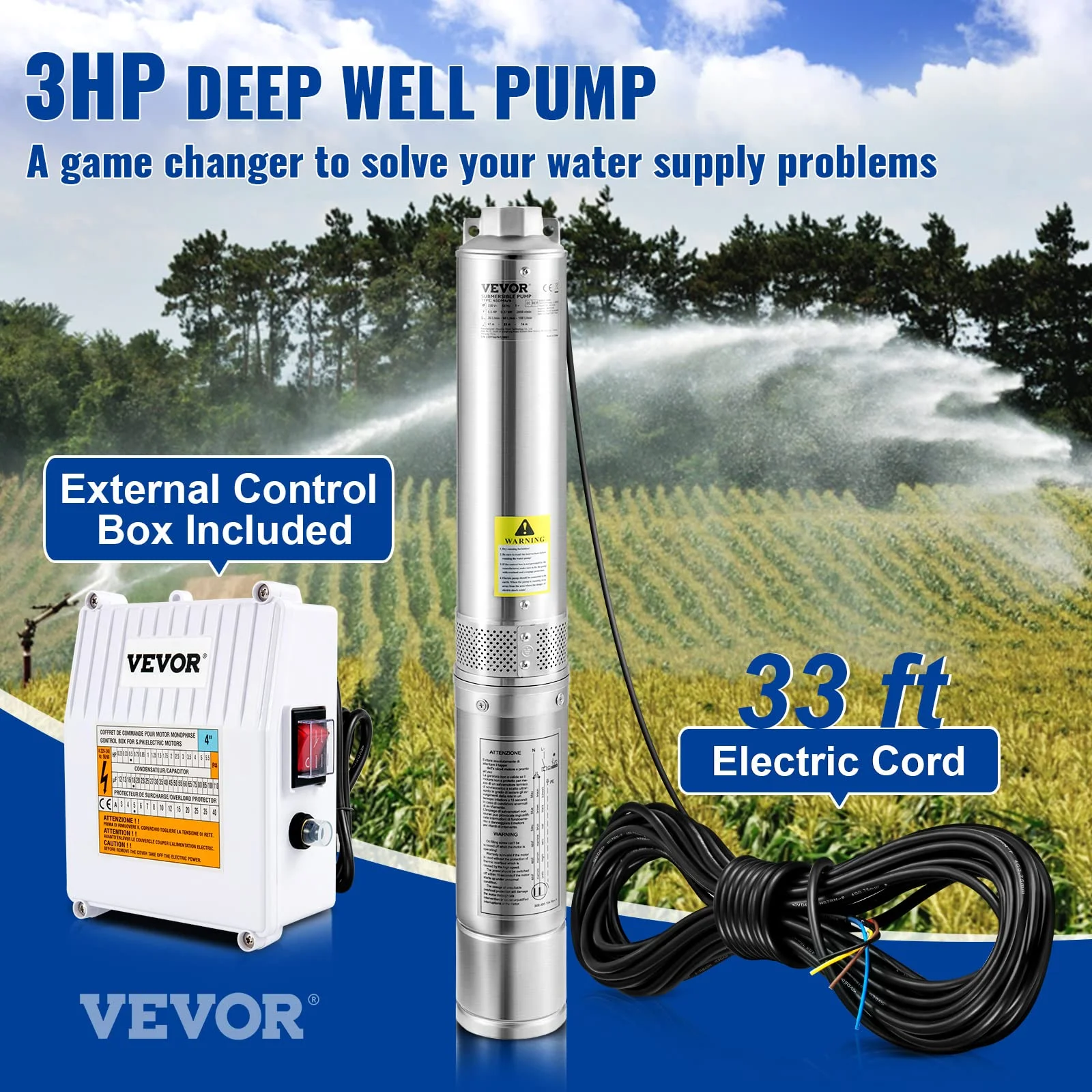Vevor  Deep Well Submersible Pump, 3HP 230V 7 60Hz, 37GPM 640 ft. Head, with 33 ft. Cord & External Control Box