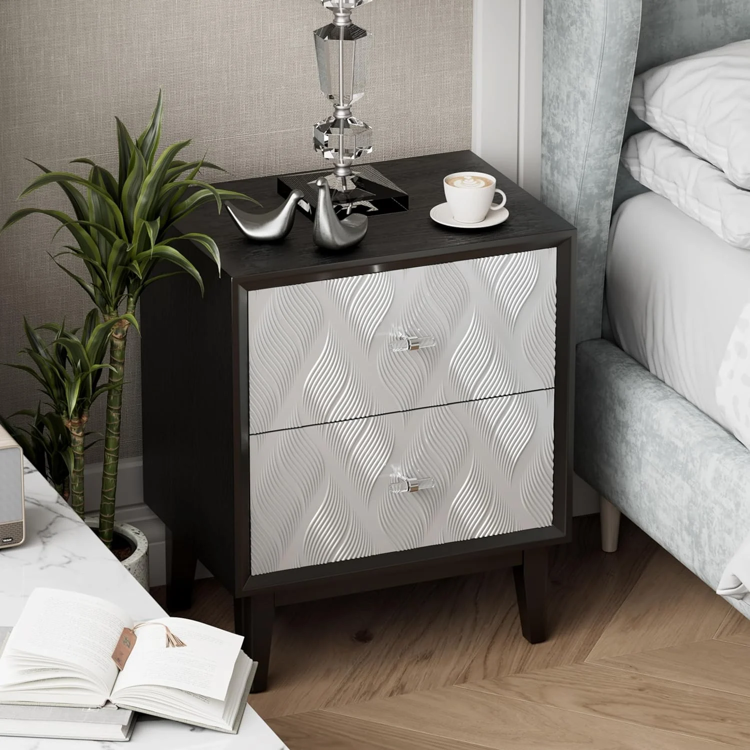 Fully Assembled Modern 2-Drawer Nightstand with 3D Curved Motif, Acrylic Handles, Small Wood End Table Black Nightstand Bedside Table for Bedroom