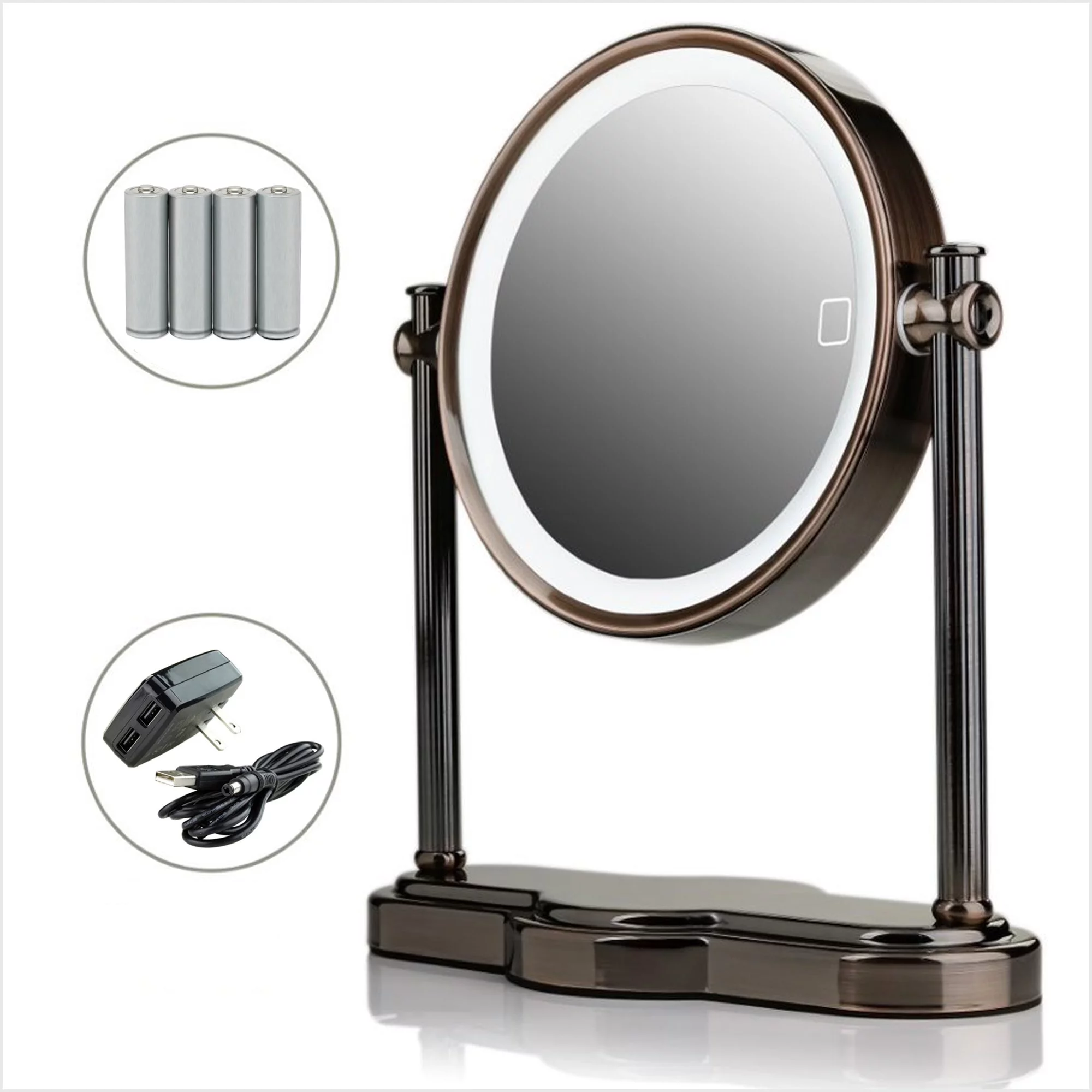 Ovente Lighted Magnifying Mirror, 8'' Table Top, 1X & 5X Double Sided, 3 Tone, Smart Touch Round LED, Auto Shut off, Ideal for Makeup & Skin Care, Battery or USB Powered, Antique Brass MHT80AB1X5X