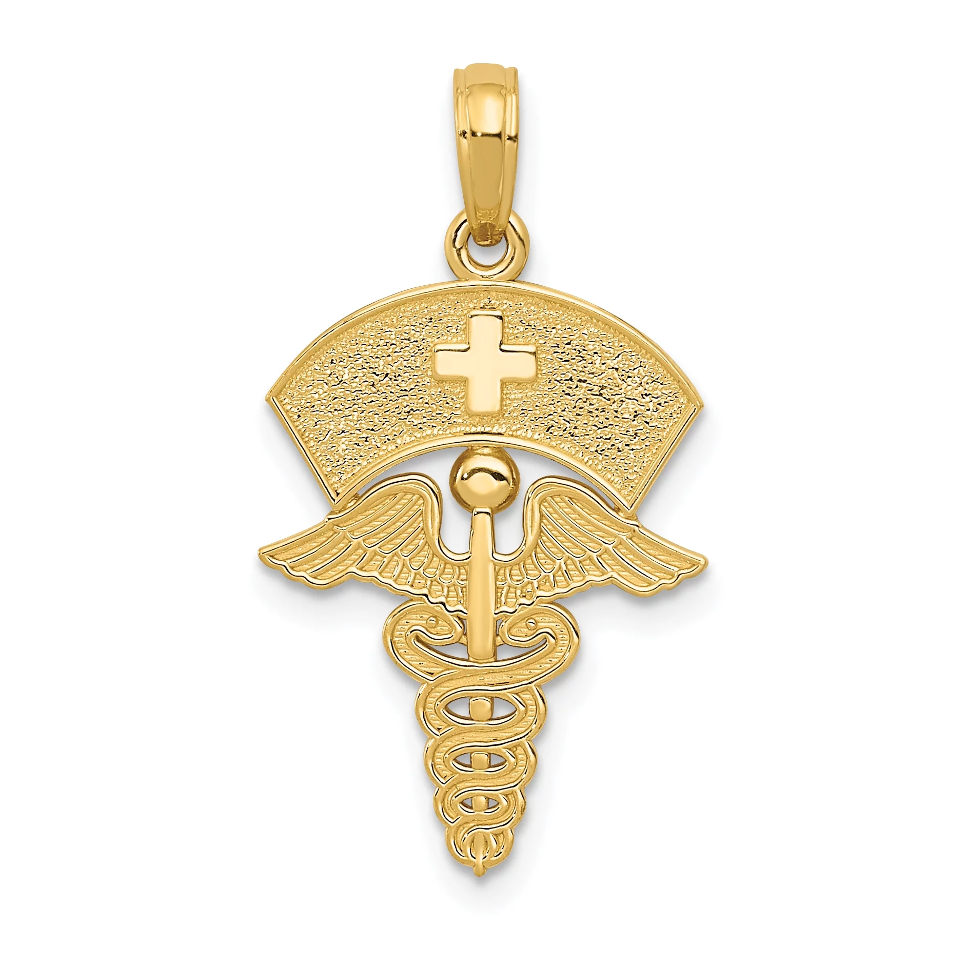 Carat in Karats 14K Yellow Gold Caduceus With Nurses Cap Pendant Charm (30mm x 15mm) With 10K Yellow Gold Lightweight Rope Chain Necklace 20''