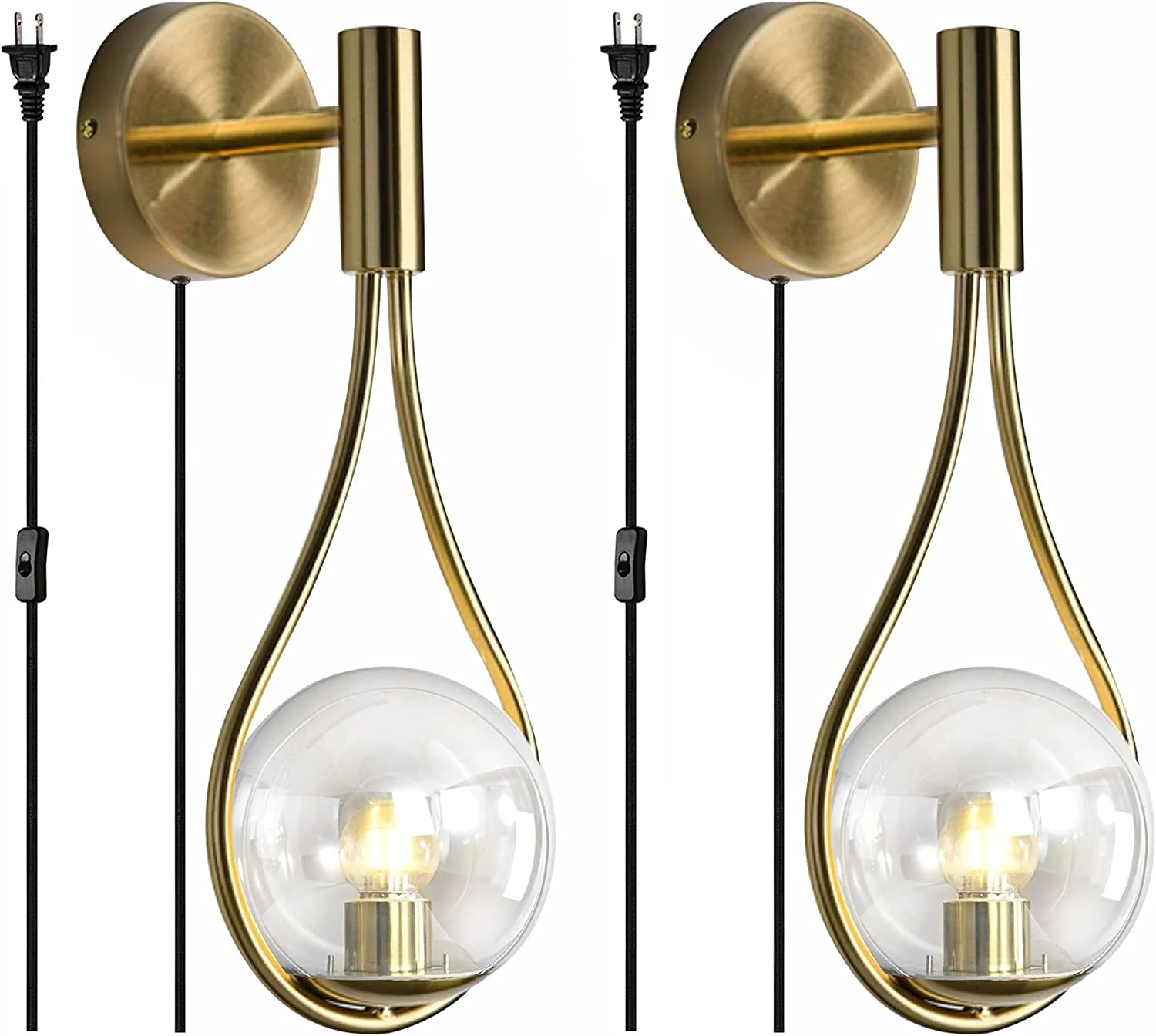 HYUN Set of 2 Plug in Modern Gold Wall Sconces Mid Century Clear Globe Wall Lamps Simple Creative Living Room Wall Light Fixtures for Bedroom, Corridor, Mirror Front