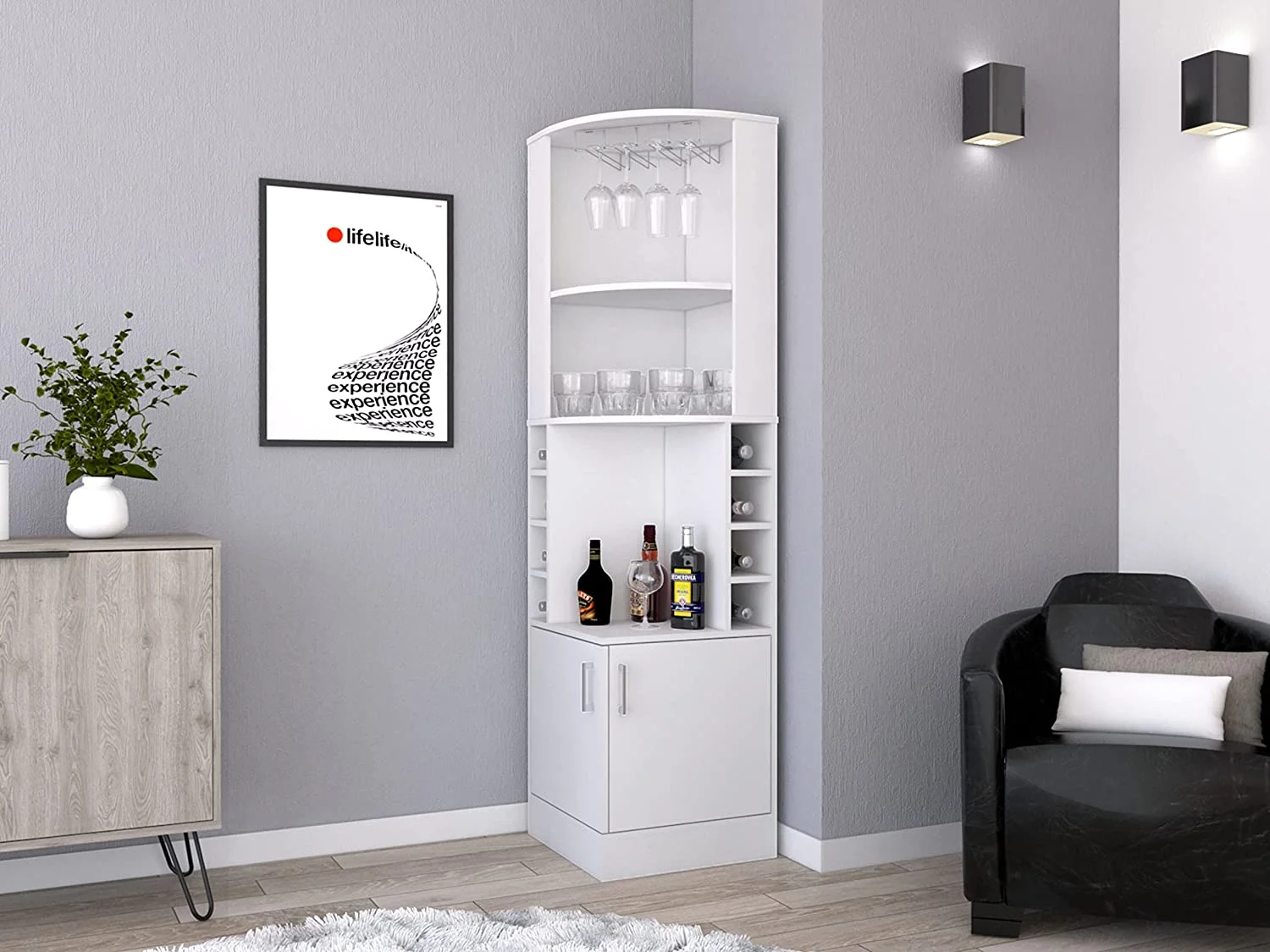 Egina Corner Bar Cabinet With 2 Open Shelves, 2 Doors, 8 Wine Cubbies, And Glass Rack, White