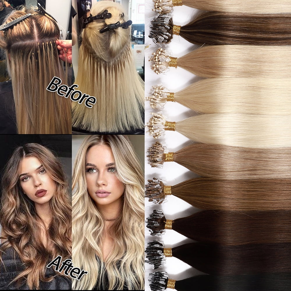 SEGO Micro Ring Hair Extensions 100% Human Hair Black Micro Beads Hair Extensions Real Human Hair Remy Natural Human Hair Extensions Micro link Hair 1g/Strand