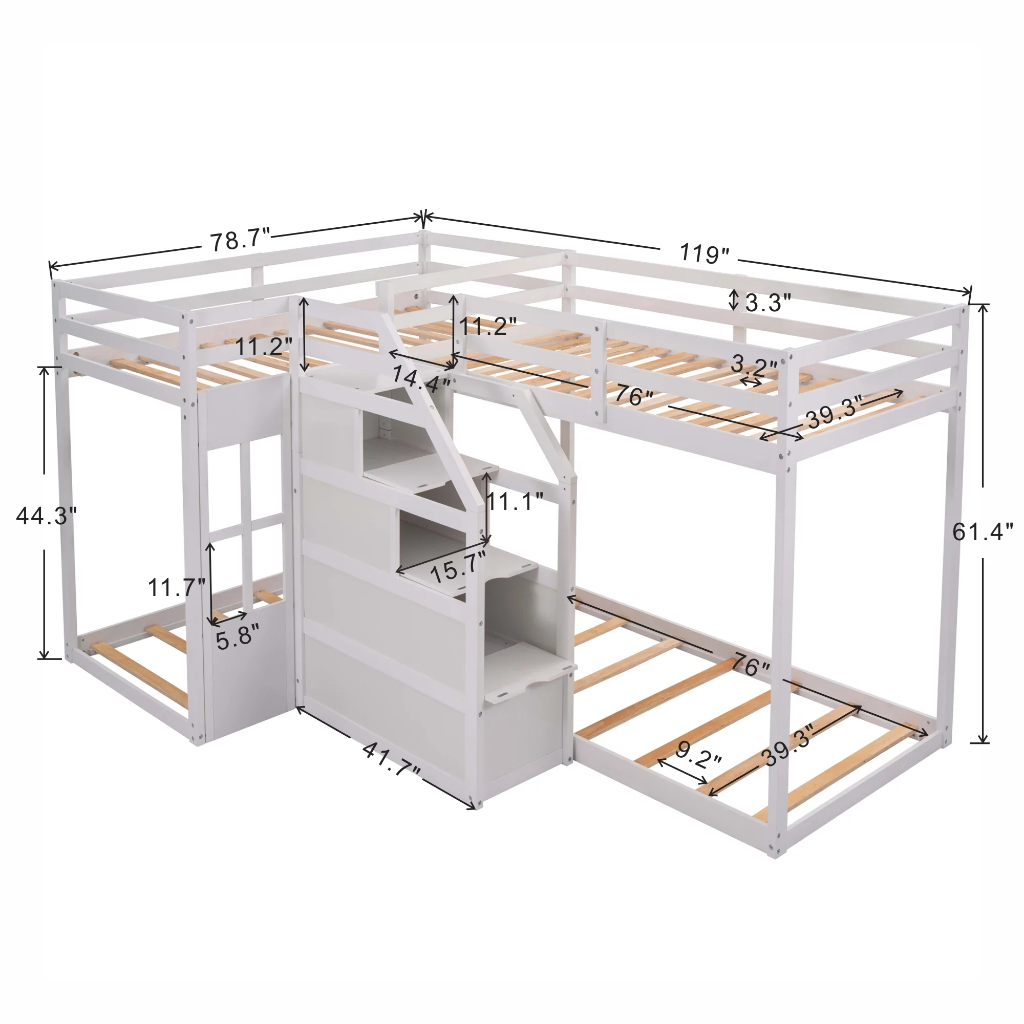 EUROCO Twin over Twin L-Shaped Bunk Bed with Middle Staircase, White