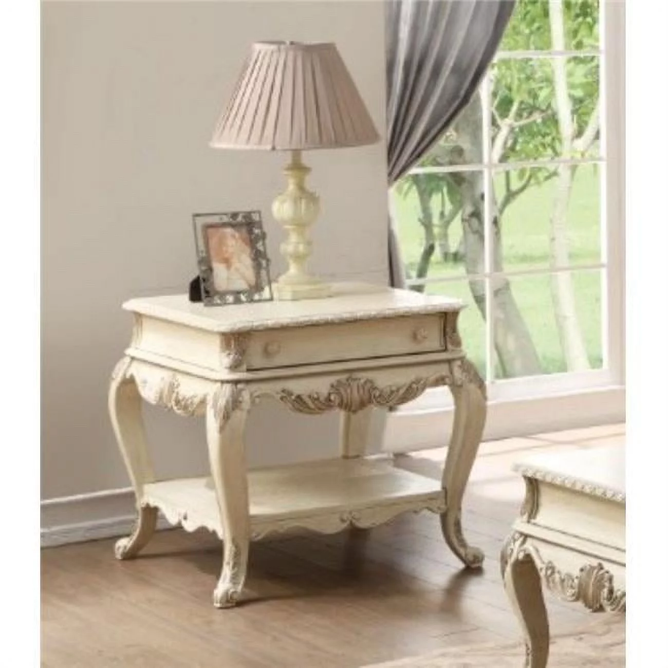Benzara BM185328 Wooden End Table with One Drawer & Bottom Shelf, Antique White - 26 x 28 x 26 in.
