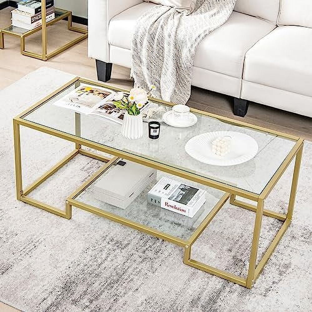 TQNJYGX Modern Tempered Glass Coffee Table  45\u201D Wide Rectangle Center Tables w/ 2 Tier    Metal Frame  Adjustable Foot Pads  Small Rectangular Tea Table for Living Room  Home  Office