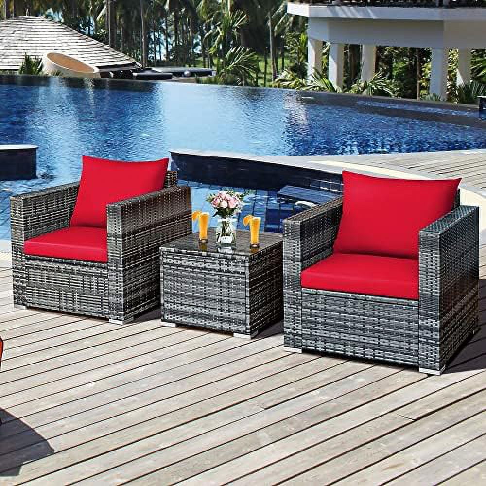 HBBOOMLIFE 3 Pieces Patio  Set  Outdoor Rattan Sofa Couch Set with Cushions  Tempered Glass Coffee Table  Wicker Patio Conversation Set for Lawn Backyard Poolside Balcony  Red