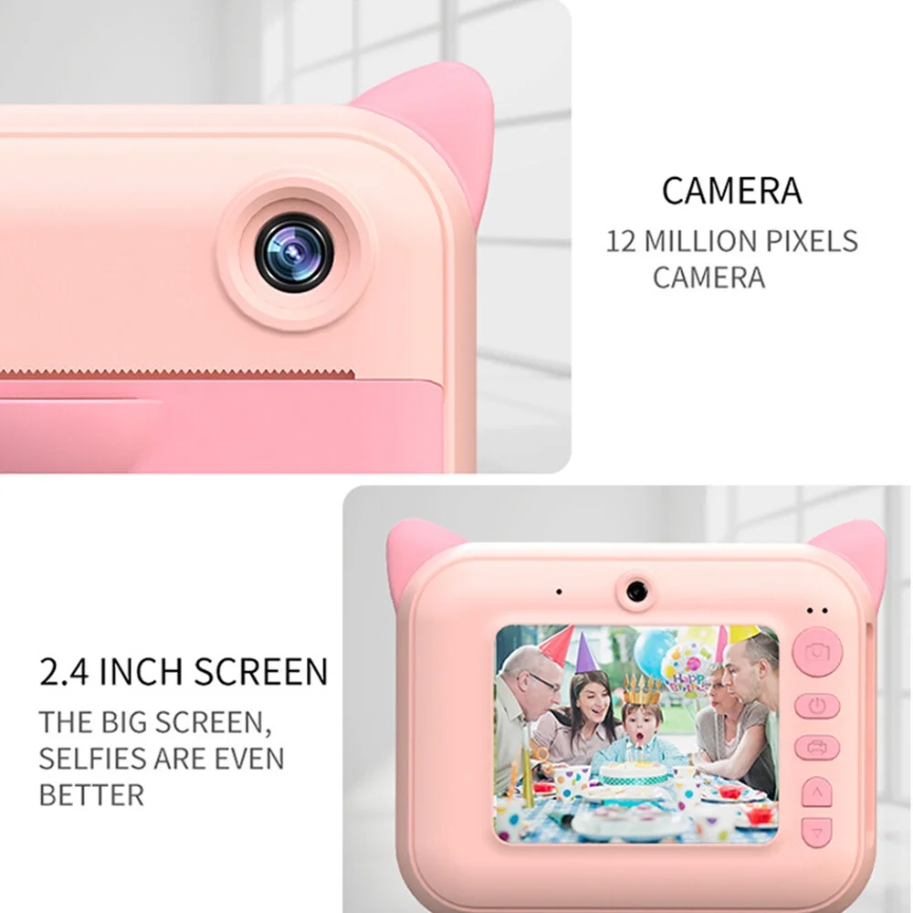 Cute Kids Instant Print Camera 1080P Digital Video Camera Dual Camera Lens 12MP 2.4 Inch LCD Screen Built-in Battery Birthday Festival Christmas Gift for Boys Girls
