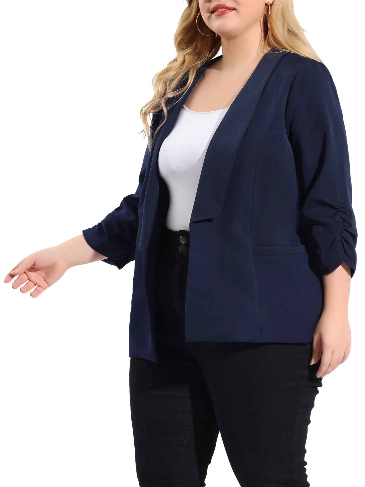 Unique Bargains Women's Plus Size Cardigan 3/4 Sleeves Shawl Collar Ruched Cuffs Blazer