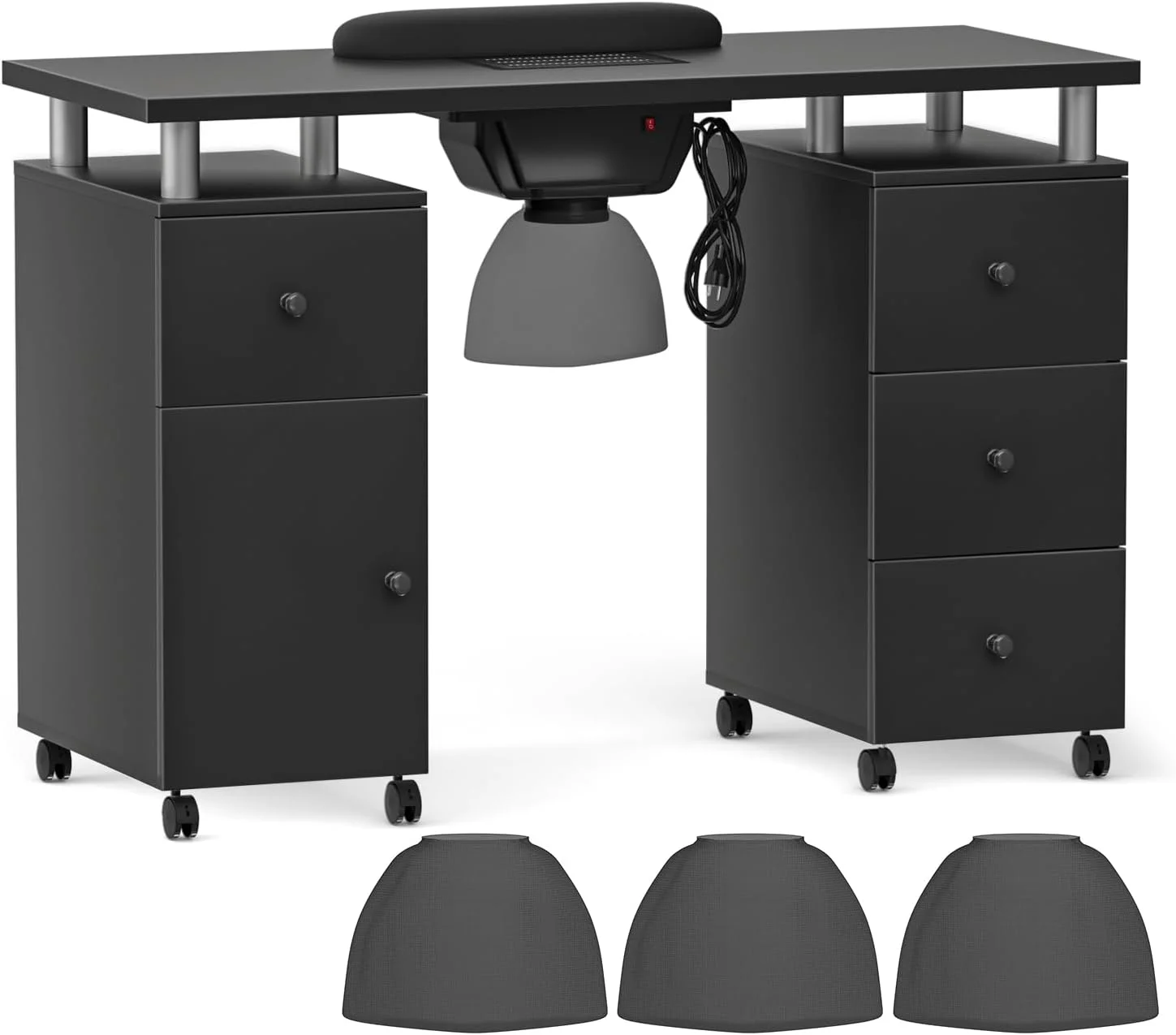 Electric Downdraft Vent Nail Table for Nail Tech Desk Acetone Resistant Nail Tech Table on Wheels with Soft Arm Rest (Electric Black)