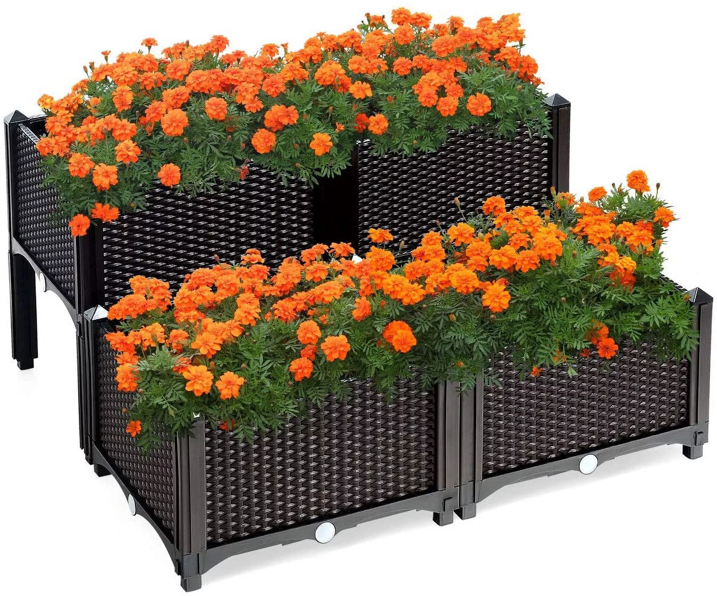 Raised Garden Bed Kit, Set of 4, Elevated Planter Boxes with Self-Watering Design & Removable Legs, Outdoor Plastic Planter Box for Patio Yard Balcony Gardening, Rattan Pattern (Brown)