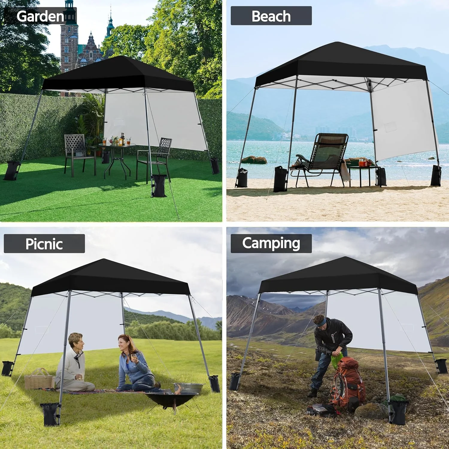 U-SHARE Pop Up Canopy Tent with Backpack, 10x10 Base Portable Easy One Person Setup Folding Shelter Compact Lightweight Slant Leg Canopy with 1 Sidewall, 8x8 Top, Black