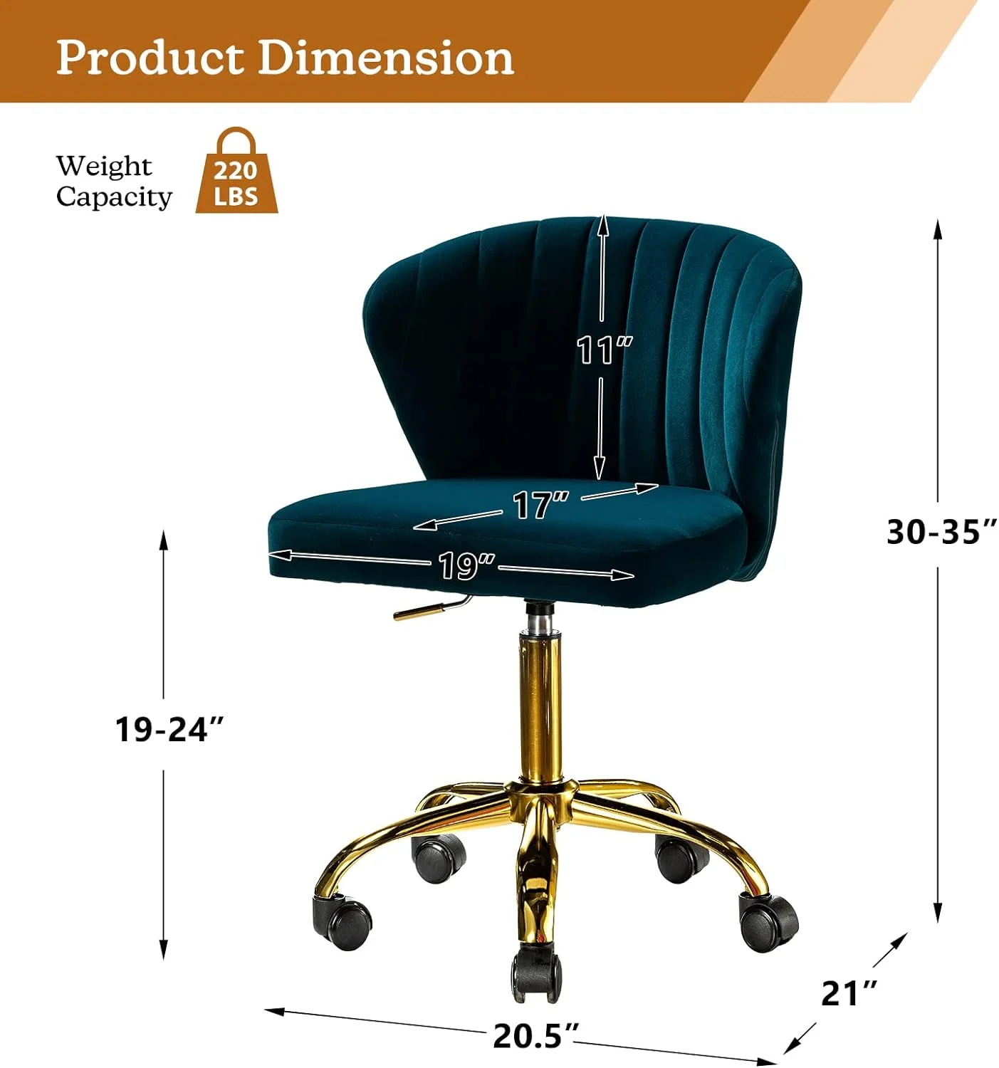ZWGHLI TINA' Office Desk Chairs with Wheels & Gold Base  Modern Velvet Cute Armless Office Chair  Adjustable Low Back Swivel Rolling Chair  Upholstered Task Chair  Room Vanity Stu