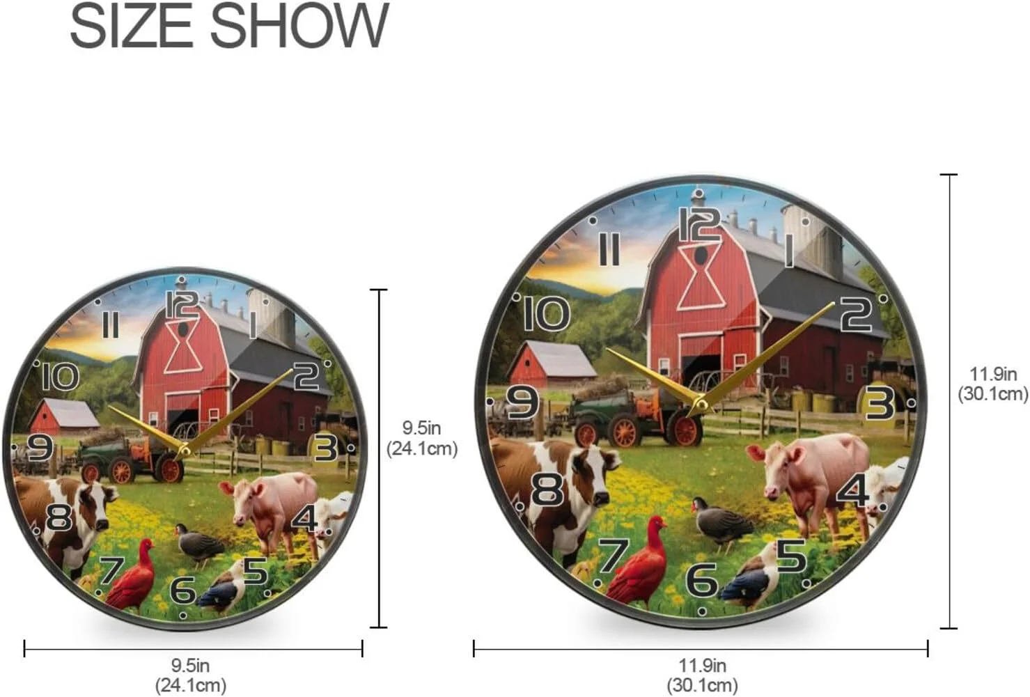 Farmhouse Animals Wall Clock Round Silent Non Ticking Battery Operated Accurate Arabic Numerals Design Clocks for Home Kitchen Living Room Bedroom 12inch Home Decor