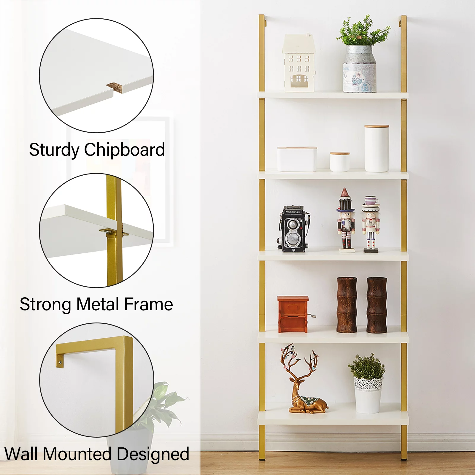 SUPERJARE Modern Bookcase, 5-Tier Open Wall-Mounted Ladder Shelf with Stable Metal Frame, 72 inches Storage Rack Shelves, Bookshelf, White/Gold