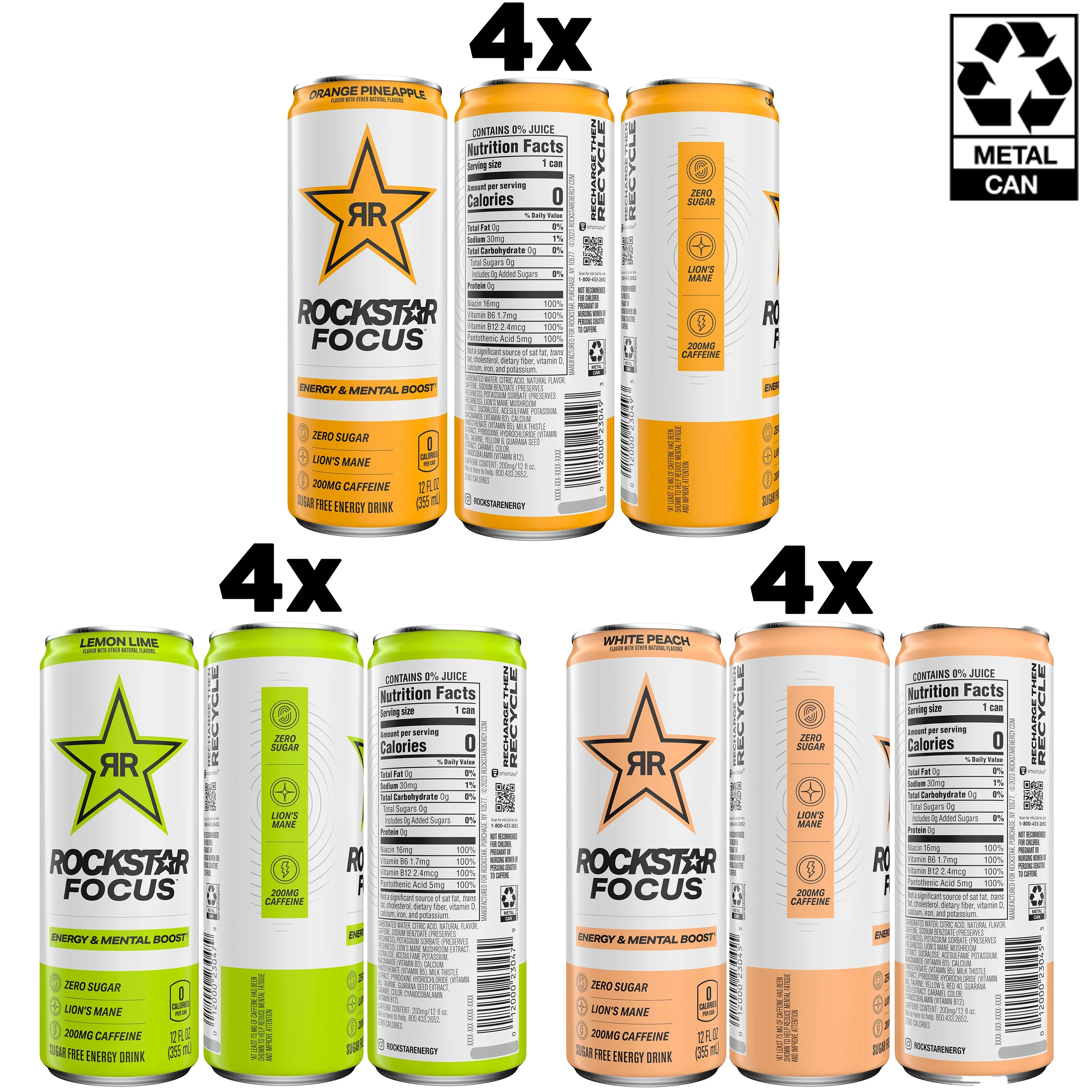 Rockstar Focus Zero Sugar Energy Drink, 3 Flavor Variety Pack, Lion’s Mane, Energy & Mental Boost, 12 oz 12 Pack Cans