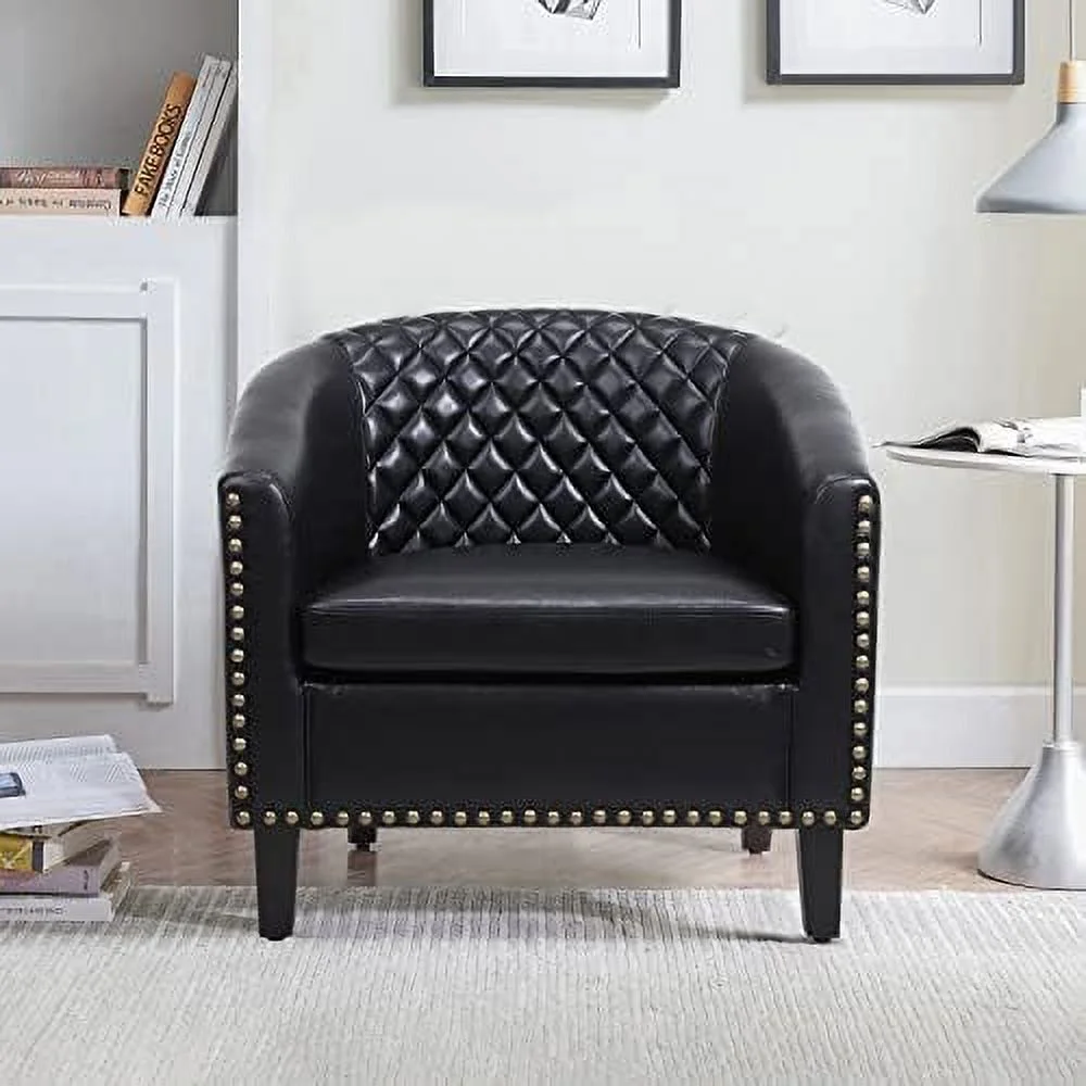 SJOINGB Modern Barrel Accent Chair with Arm Club Chair Microfiber Fabric Bucket Chair Upholstered Tub Chair with Nailheads and Solid Wood Legs for Living Room Bedroom Reception Room (Dark