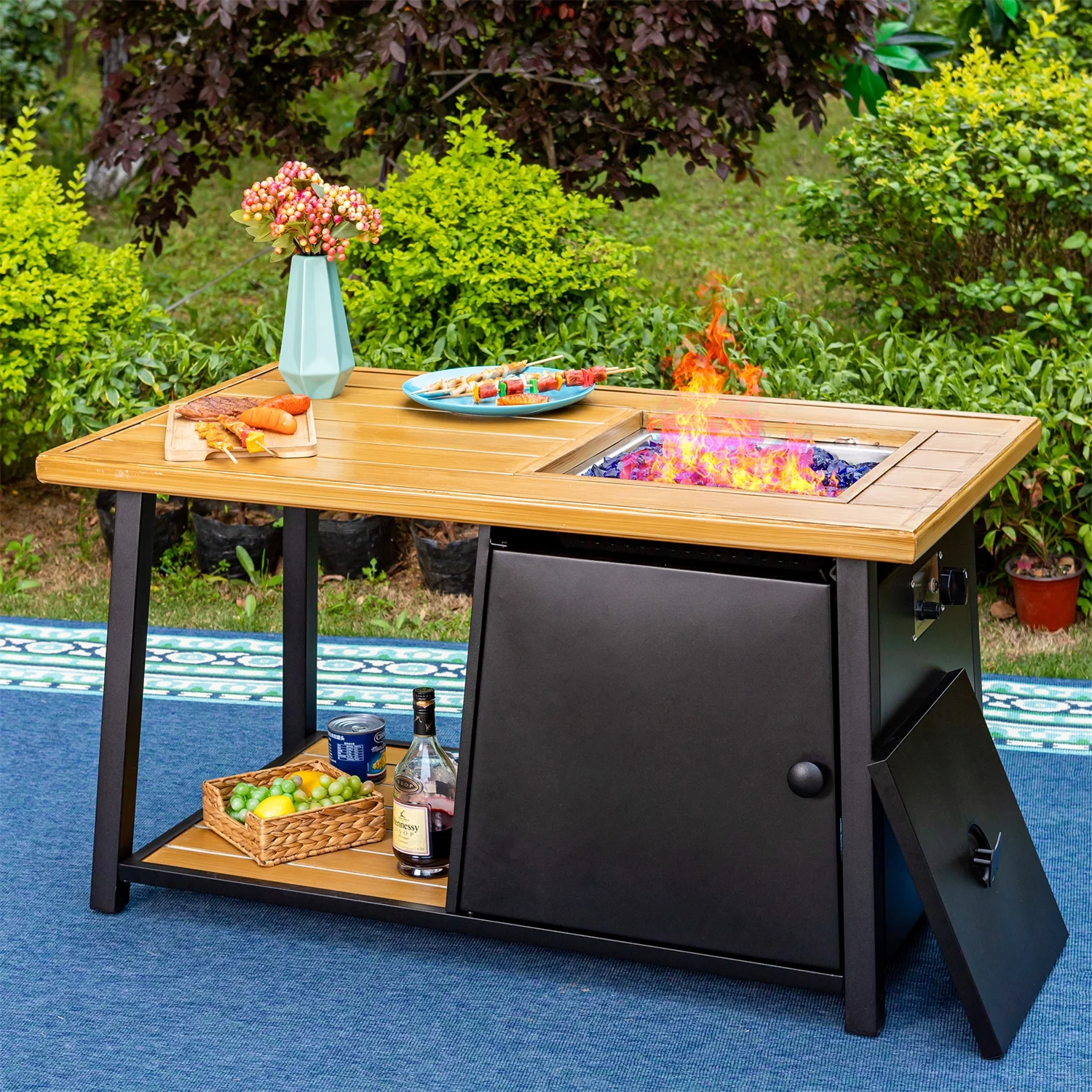 MF Studio 7 Pieces Outdoor Patio Furniture Set with 46-Inch 50,000 BTU Fire Pit Table Patio Conversation Set with Beige Cushions