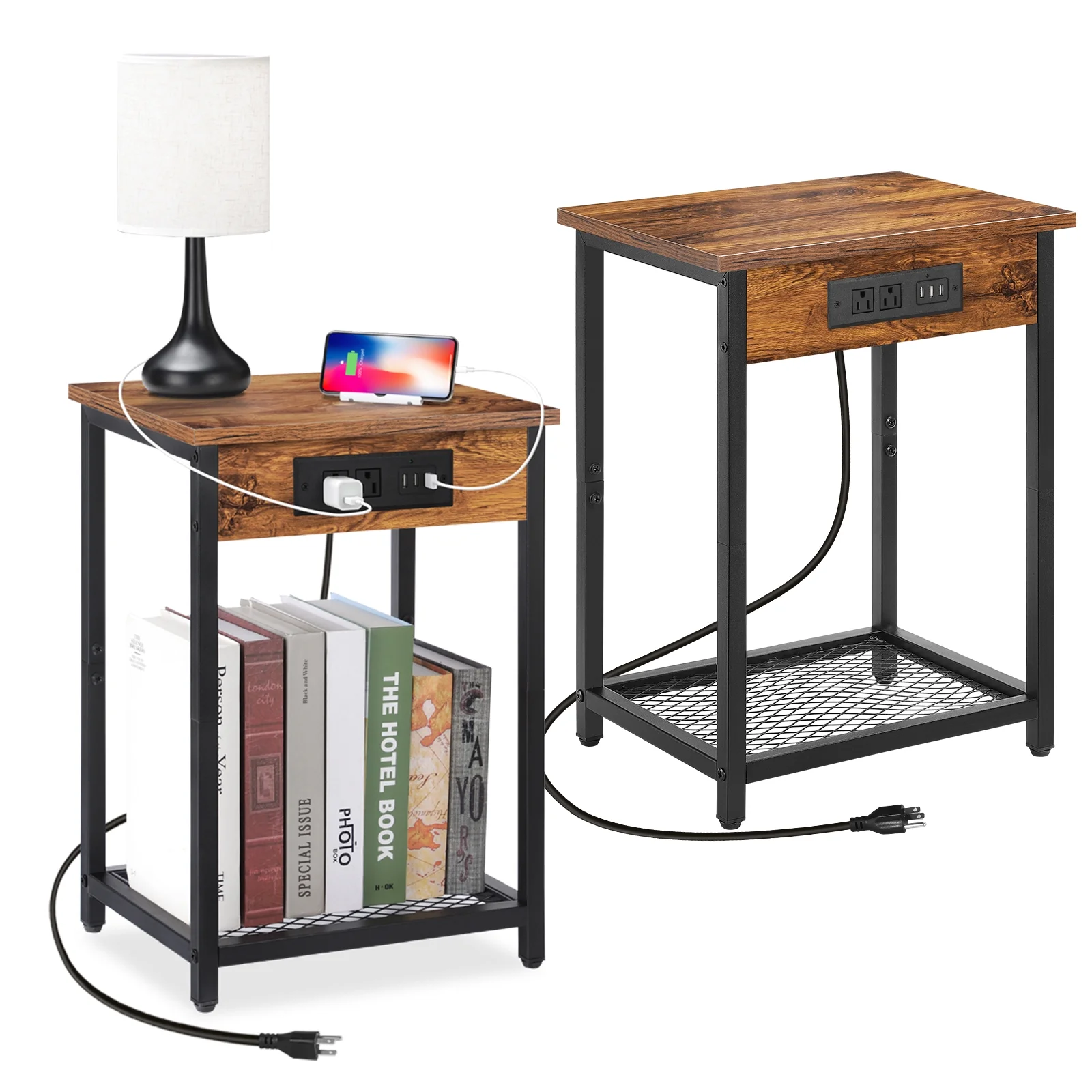 Nightstand End Table with Charging Station Brown, Set of 2