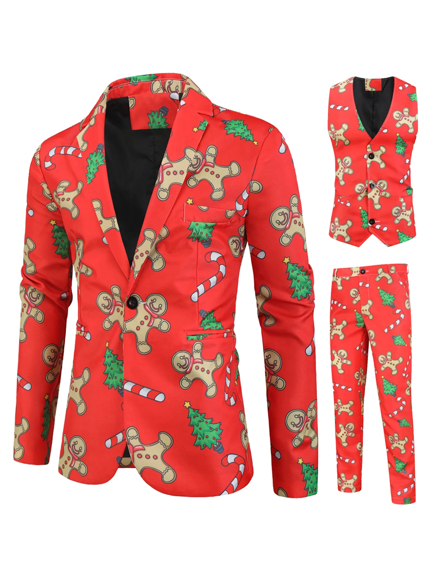Mens Tuxedo Suits 3 Piece Regular Fit Suit Snowflake Snowman Print Blazer Jacket Pants Vests Men Suit Set for Christmas