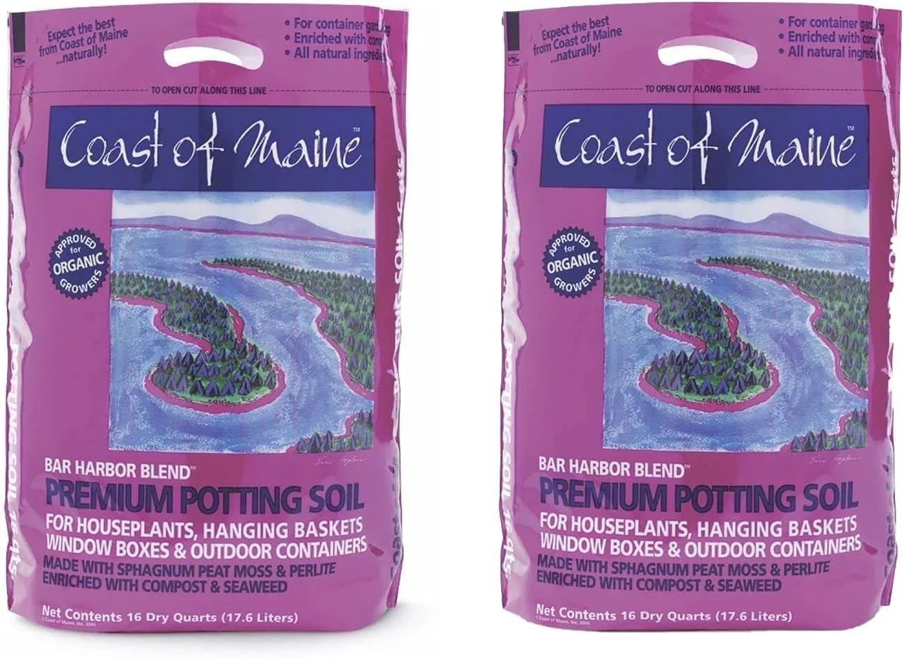 Coast of Maine OMRI Listed Bar Harbor Blend Organic Compost Potting Soil Blend for Container Gardens and Flower Plant Pots, 16 Quart Bag 2 Pack