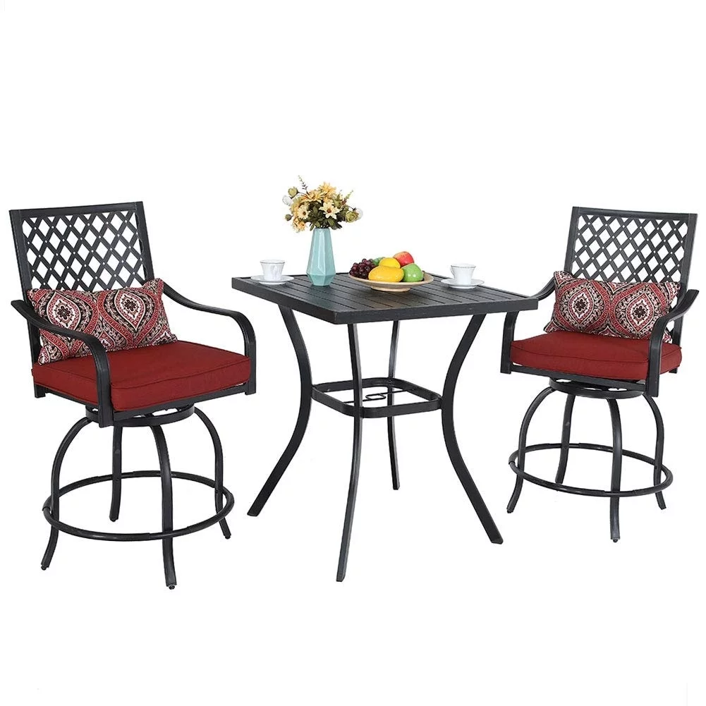 Modern Metal Patio Bar Set with Cushioned Swivel Stools 3-piece - Grey