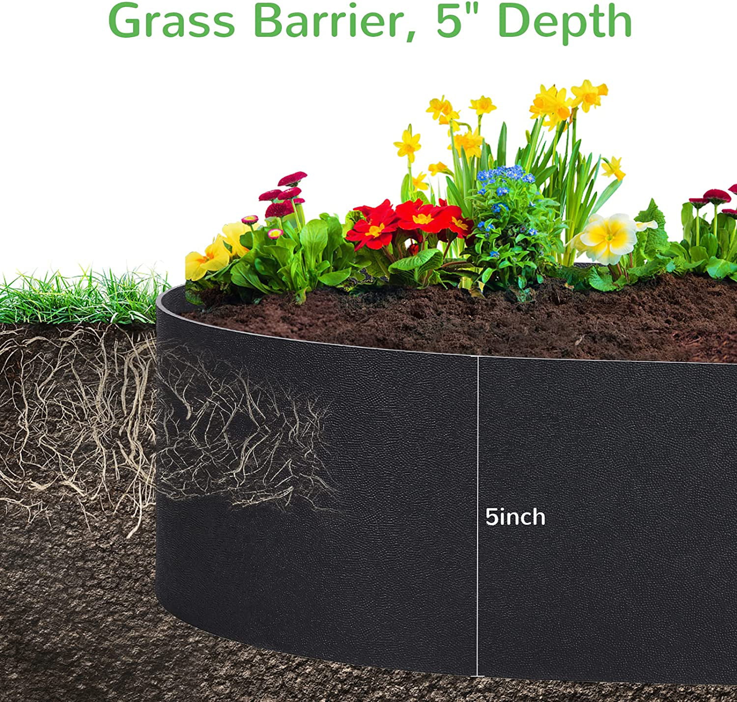 Black Plastic Garden Landscape Edging, 5” Tall Border Coil with 6 Durable Stakes, Flexible and Strengthened with Anti-UV Treatment (20ft with 6pcs Stakes)