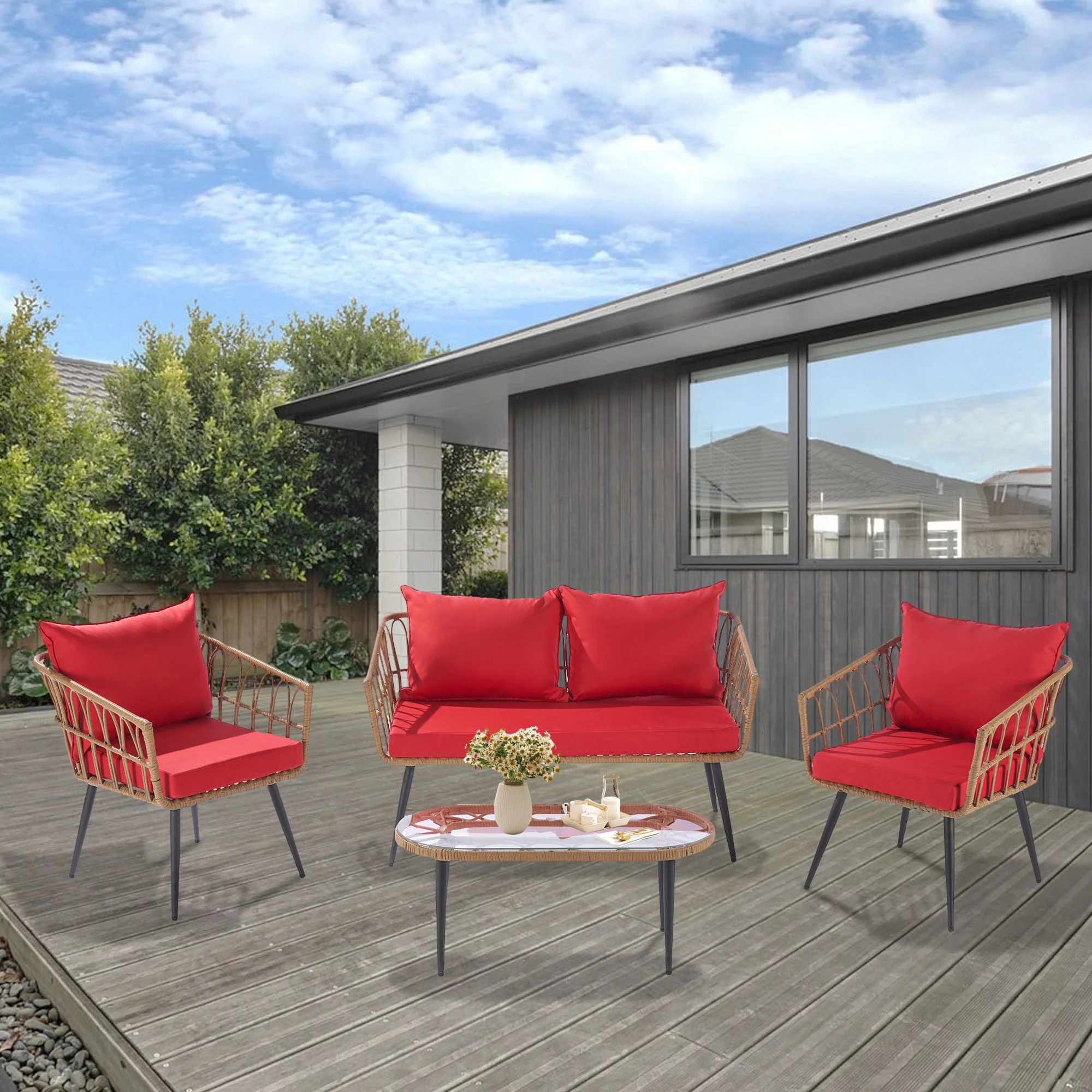 Syngar 4 Piece Patio Furniture Set, All Weather PE Wicker Sectional Chairs Set with Red Cushions, Outdoor Conversation Set with 1 Loveseat, 2 Single Chairs and 1 Coffee Table, for Yard, Deck, Garden