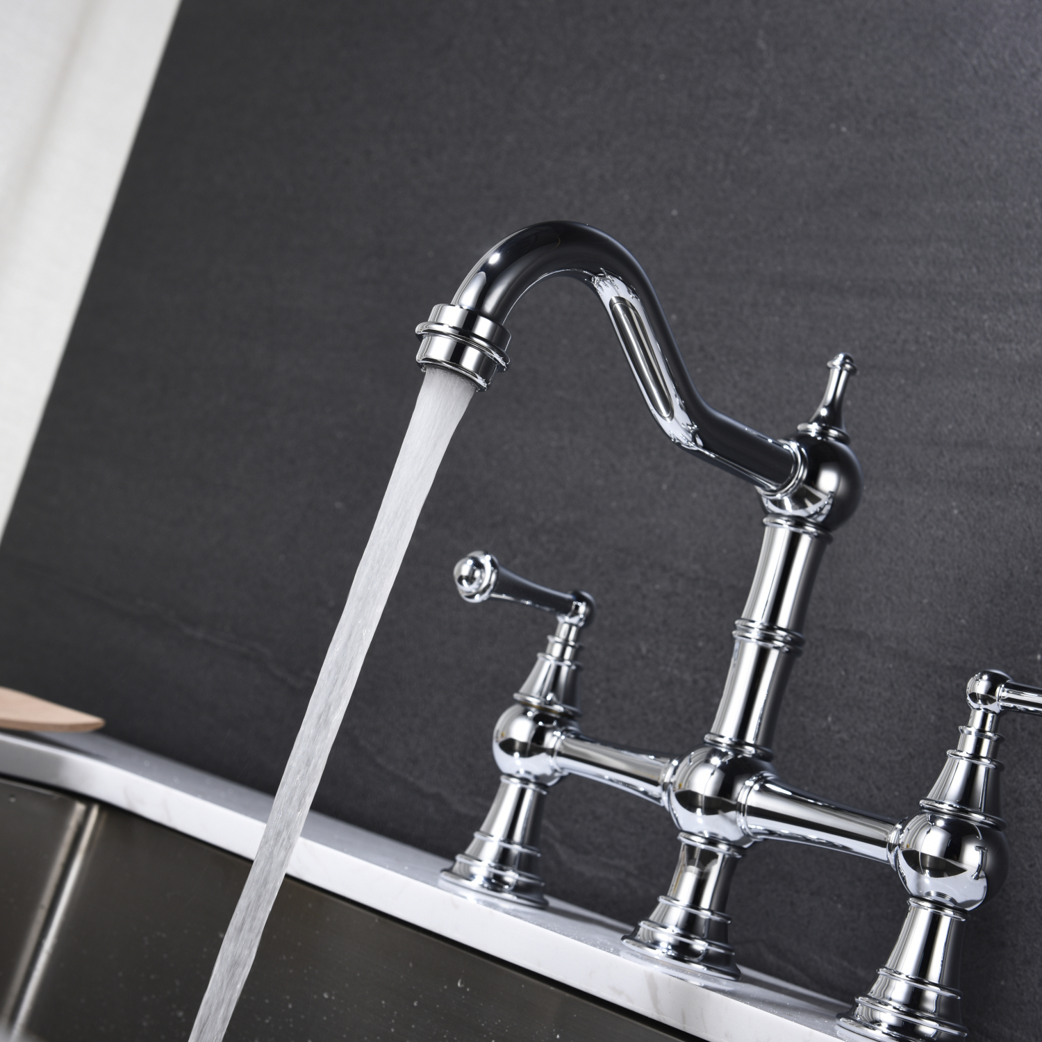 DremFaryoyo Bridge Dual Handles Kitchen Faucet With Pull-Out Side Spray in