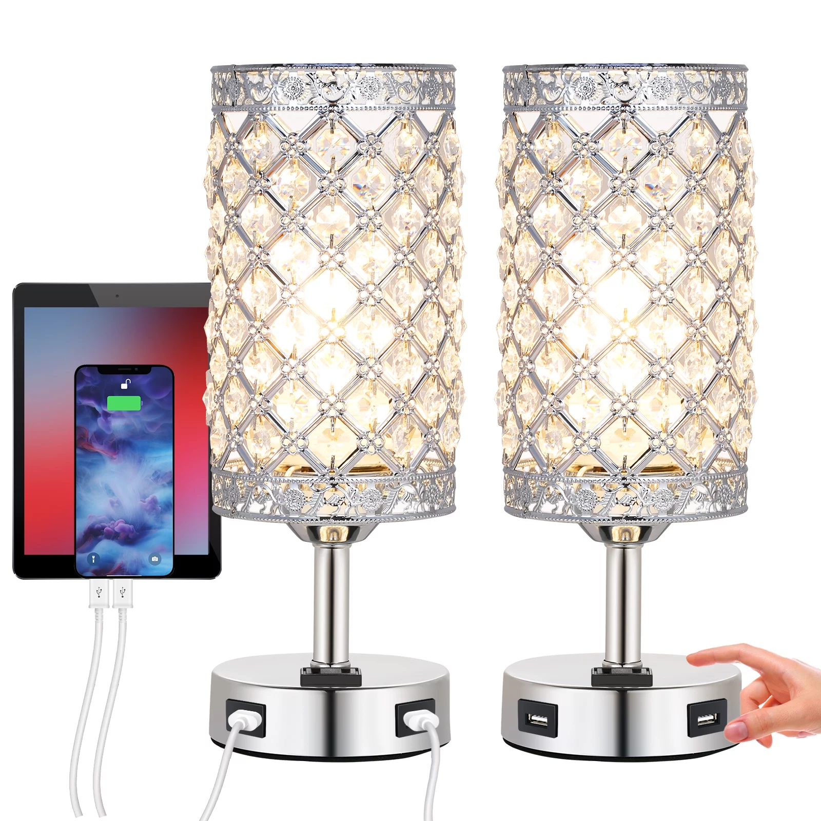 moobody Crystal Table Night Light Beside Lamp Set of 2, Dual USB Ports & AC Port, 3 Levels Dimmable, Control, Home Bedroom Living Room Decoration